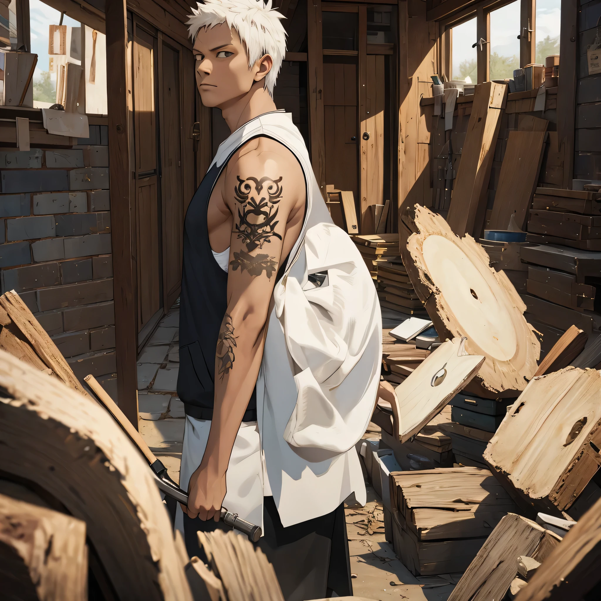 35 year old male, dark skinned, sleeveless vest, tattoos, white hair, chopping wood