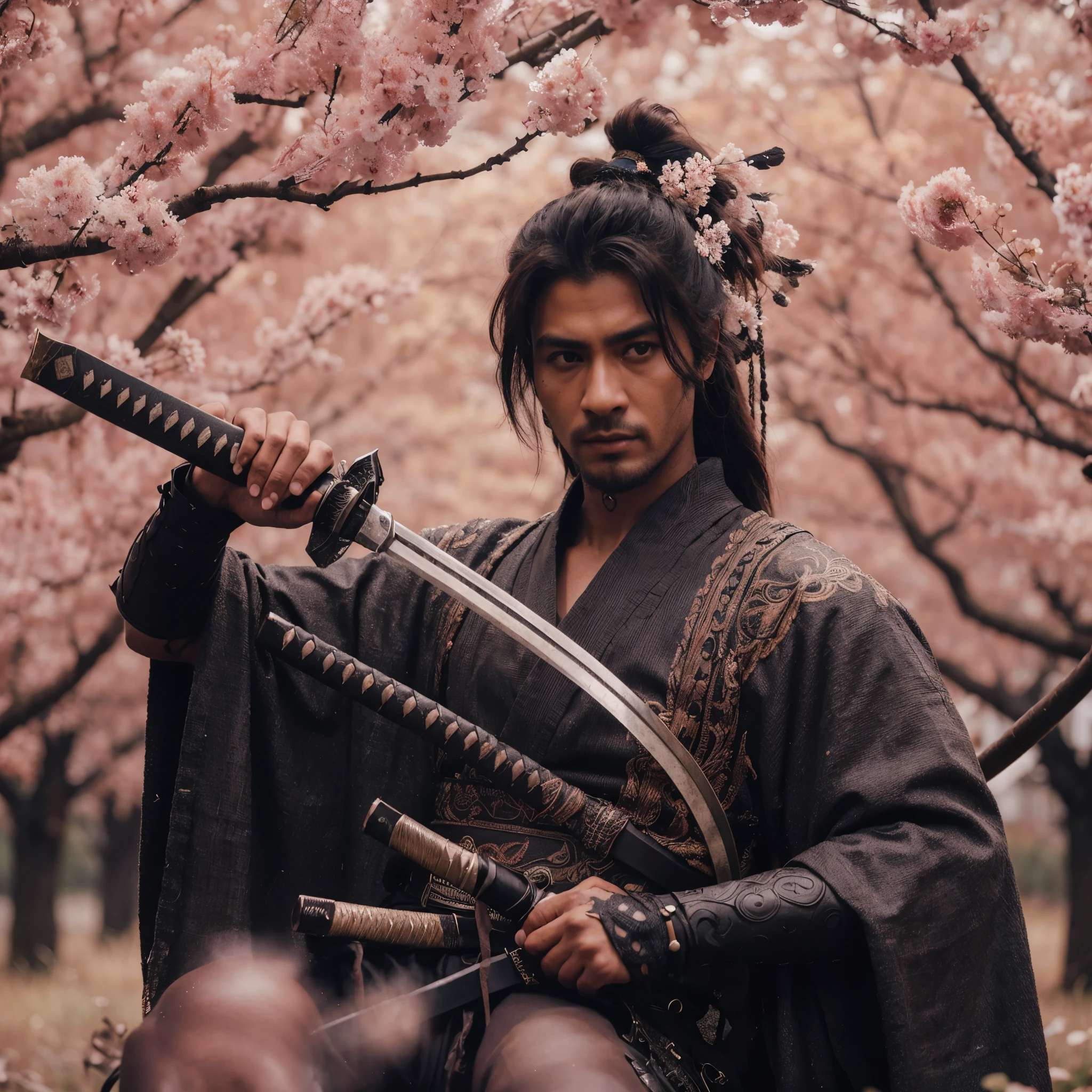 Photo realistic 1.37,masterpiece,high detailed,photo,highsharpness,best quality,Homem pele clara, cabelo liso estilo samurai, cavanhaque preto, olho cerrado penetrante, ((obra prima)), melhor qualidade 4k, ultra realista, estilo ciberpunk, fundo claro, pele super detalhada, jaqueta preta, coturno militar, black pants ripped at the legs, wallpaper para celular, ultra realismo, neck tattoo, masculino, rosto fino, standingn, cabelo amarrado estilo samurai, fundo claro, cidade japonesa, olhar frontal,