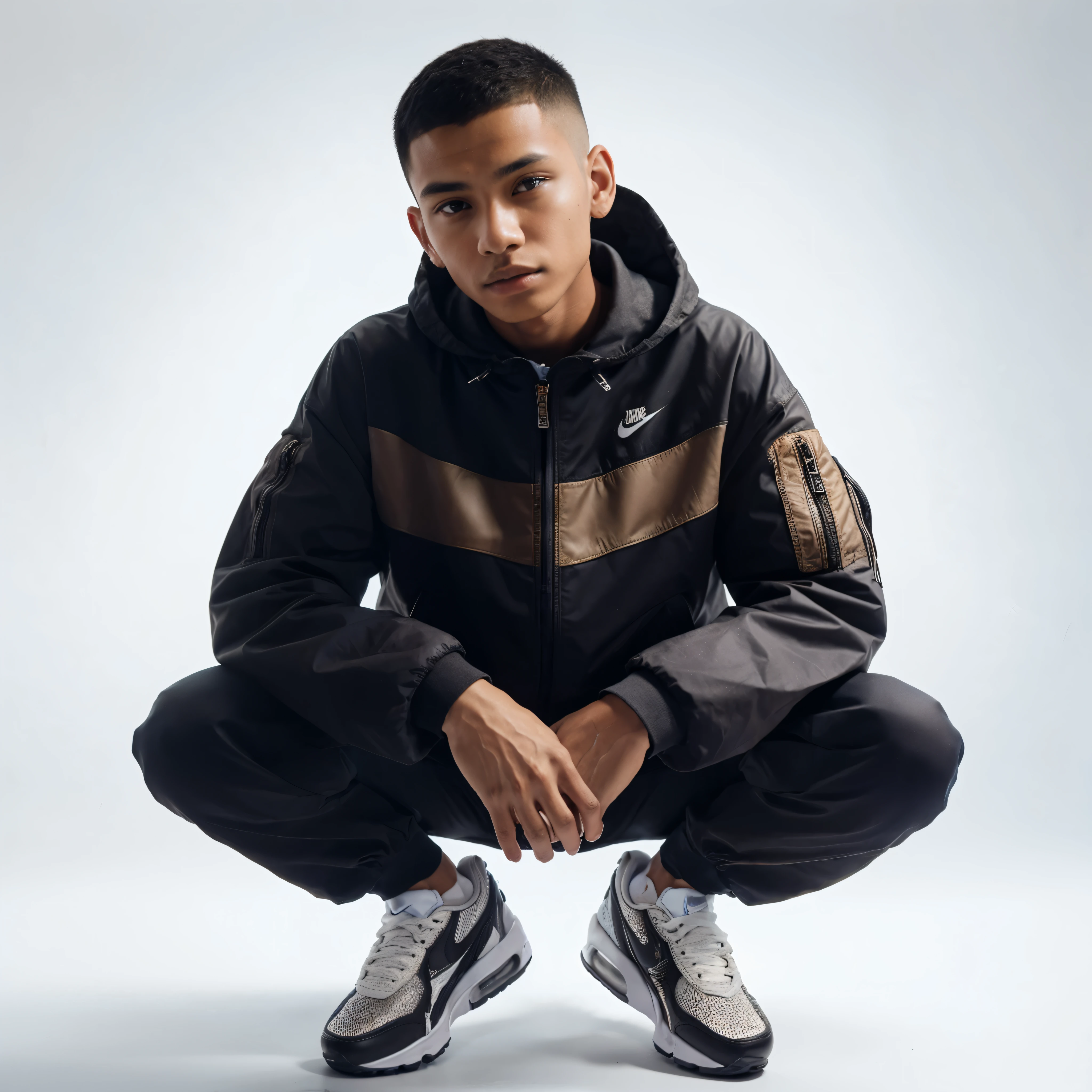 masterpiece of a 15 year old boy (Indonesian) brown skin, jacket, shaved hair in Short Caesar Cut style, wearing Nike (Air Max) shoes, sitting, in the studio, calm pose, very detailed, bright picture, bright white background, shooting, photography, realistic, 8k in photorelism