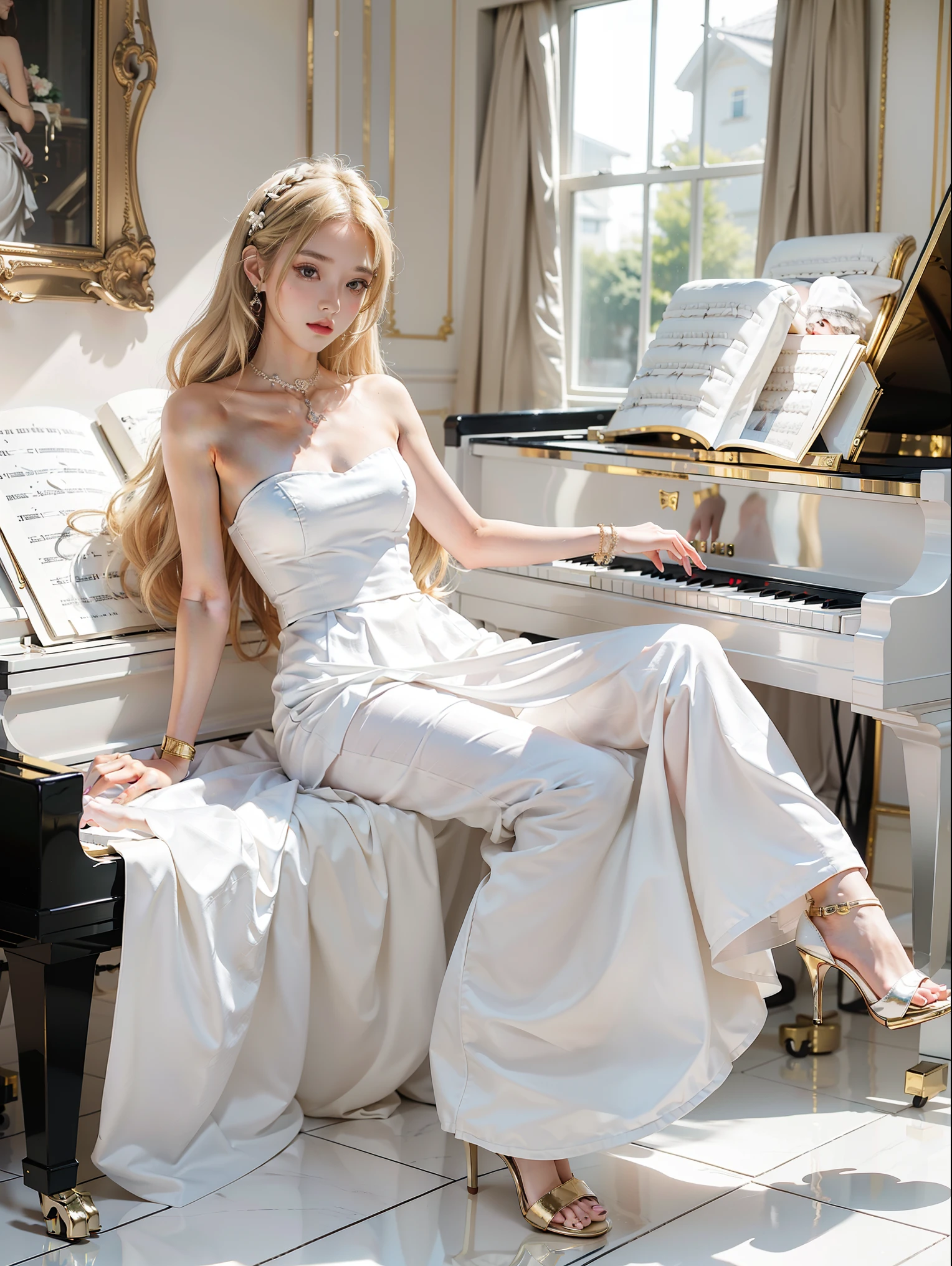 masterpiece, Extreme Quality, smooth skin, 8k, HD, 1 girl, blonde hair, black eyes, Gorgeous hairpin, White long skirt, Gorgeous, Golden decoration, white high heels, Accessories, Play the piano, Black piano, white piano chair, The ground is like a mirror, reflection, Leica,