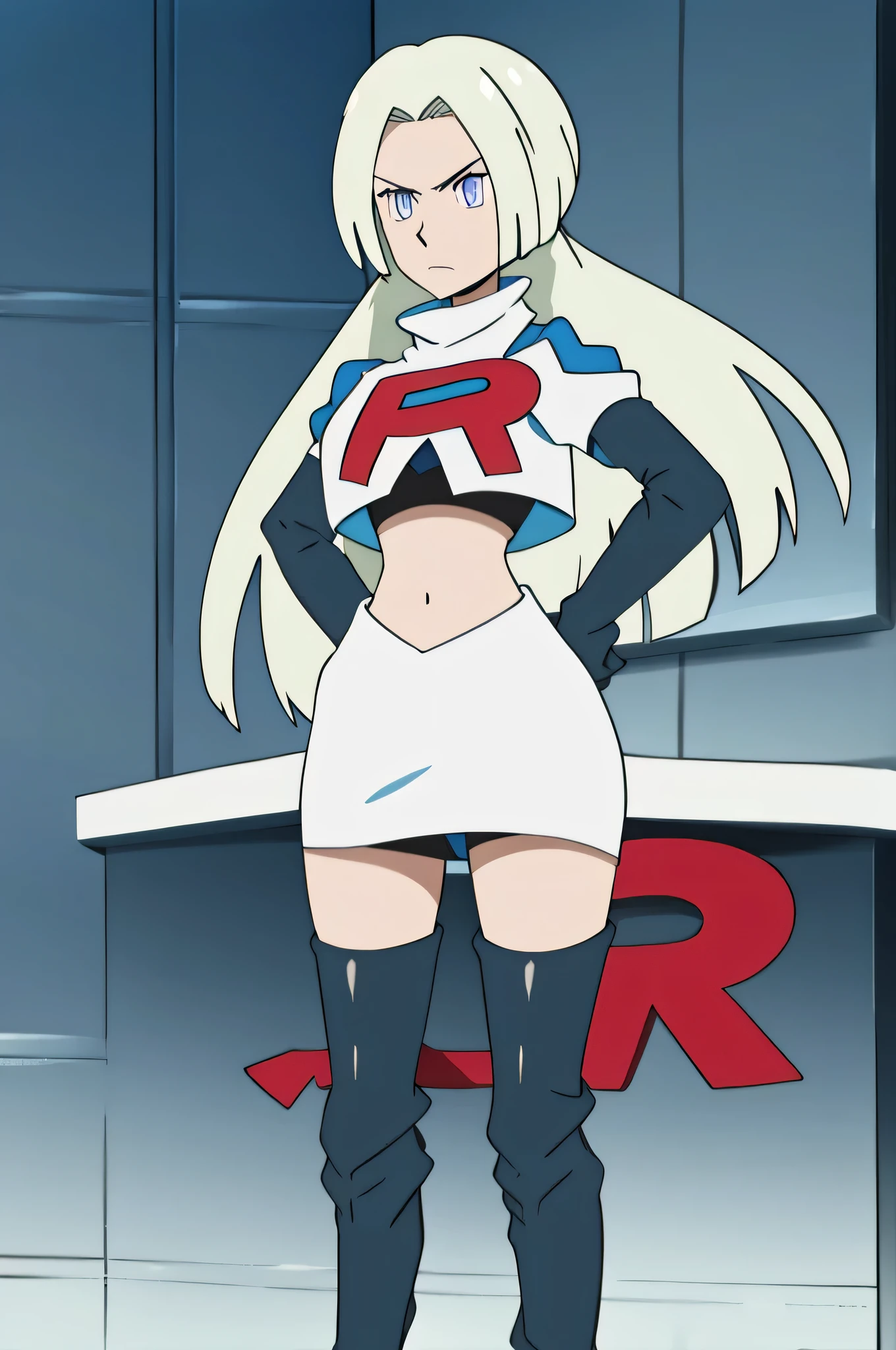 team rocket uniform, red letter r, white skirt, white crop top, black thigh-high boots, black elbow gloves, glaring angrily, looking at viewer, hands on hips, zettai ryouiki, Edelgard von HresvelgFE