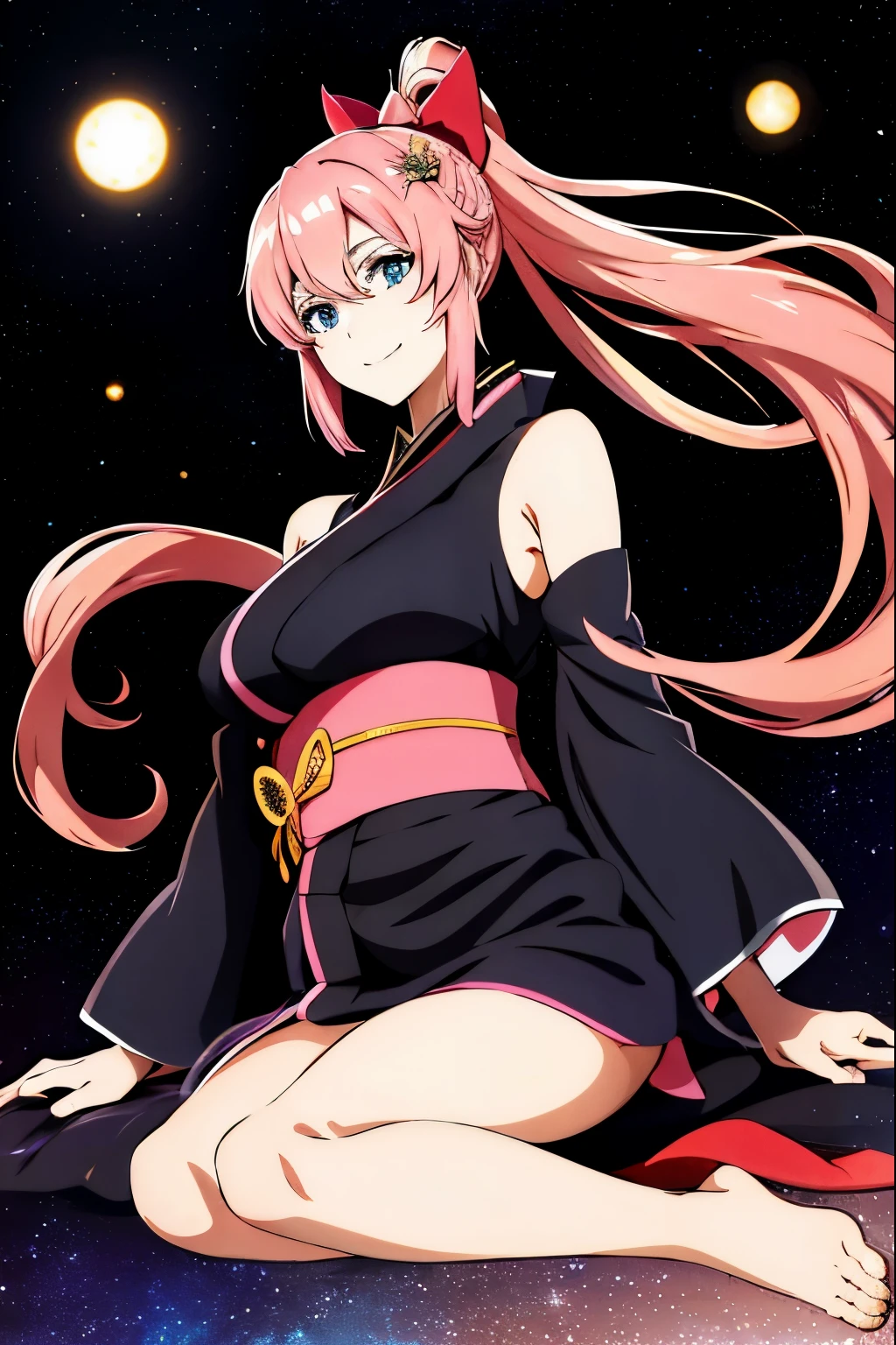 masterpiece, highest quality, High resolution, Lux 3, 1 girl, alone, Lux 3, pink hair, short kimono, blue eyes, hair ornaments,Lux Klein、 very long hair, black sleeves, No sleeve, kimono, bow, black kimono, hair bow, ponytail, floating hair, hair between eyes, big breasts, sitting, sheet, spaceship, smile, armpit,