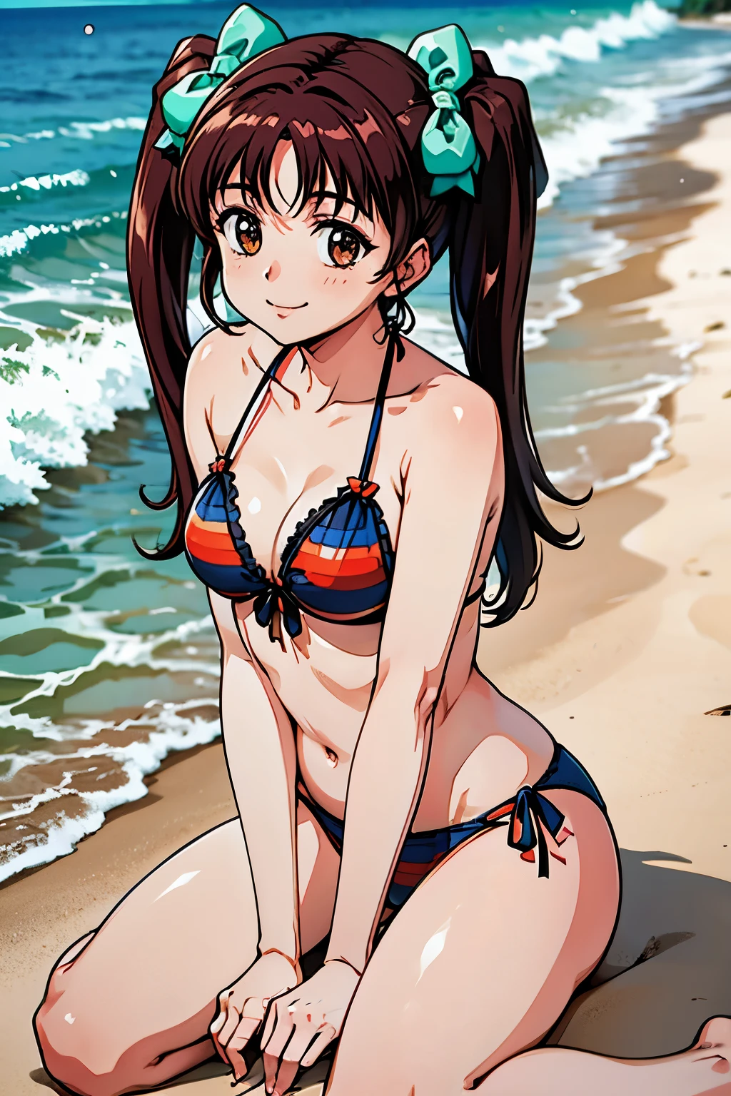 koizumi_rina, brown eyes, brown hair, twintails, hair bow, bikini,beach,small breasts,smile