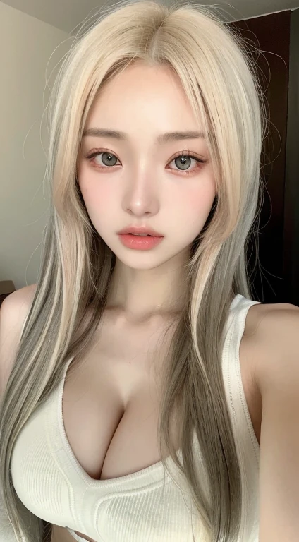 Beautiful woman with perfect body：1.4，layered hairstyle，Protruding cleavage：1.2，Japanese high school girl：1.5，Highly detailed facial and skin textures，double eyelids，whiten skin，long white hair