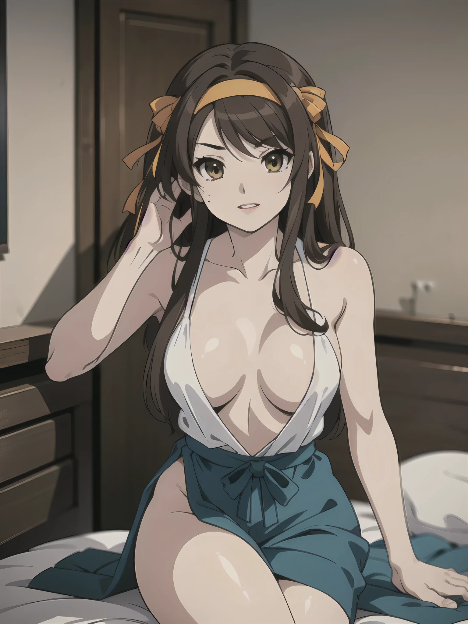 (A superb exquisite haruhi suzumiya), (haruhi suzumiya:1.5), brown eyes, brown hair, natural straight hair, hairband, ribbon, straight bangs, solo, nature, extremely delicate, straight facial features, peerless beautiful girl, soft, (sensual face), ((ecchi face)), dreamy quality, exaggerated facial features, solid color, frank holly, delicate face, bright lips, slender waist, soft curves, real light and shadow, super fine, 4k, natural moving, Ultra high resolution, (masterpiece:1.2, best quality), (finely detailed beautiful eyes: 1.2), (beautiful detailed face), sexy nude model, sexy pose, (large chest), (Perfect Body Proportions), (bedroom), Mekosuji, Spread your legs a little and show off your crotch,