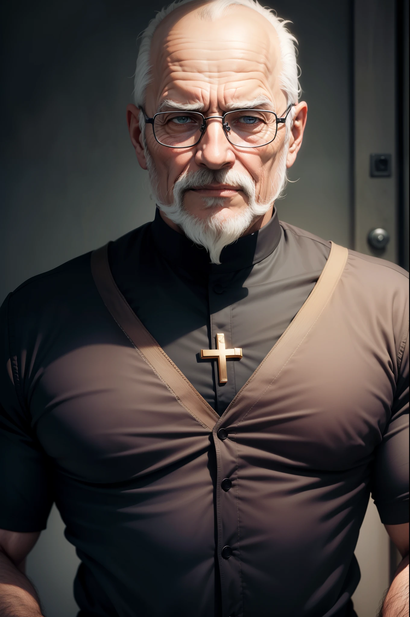 Make a portrait of an old man, in the black clothes of a Christian priest, careca e barba longa grisalho