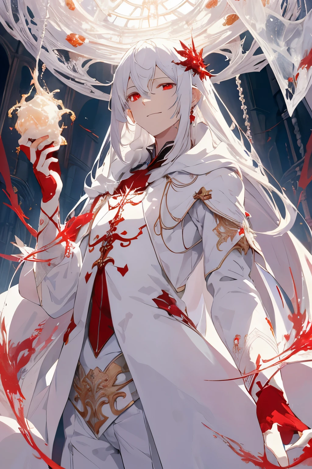 beautiful illustration, Best quality, loveable guy, (convert sequence), transform a magical guy, white magical guy, fractal art, albino, fine face, long pure white and red net hair, Beautiful detailed red eyes, cinematic lighting, cowboy shot, Looking at the viewer, from below, Happy