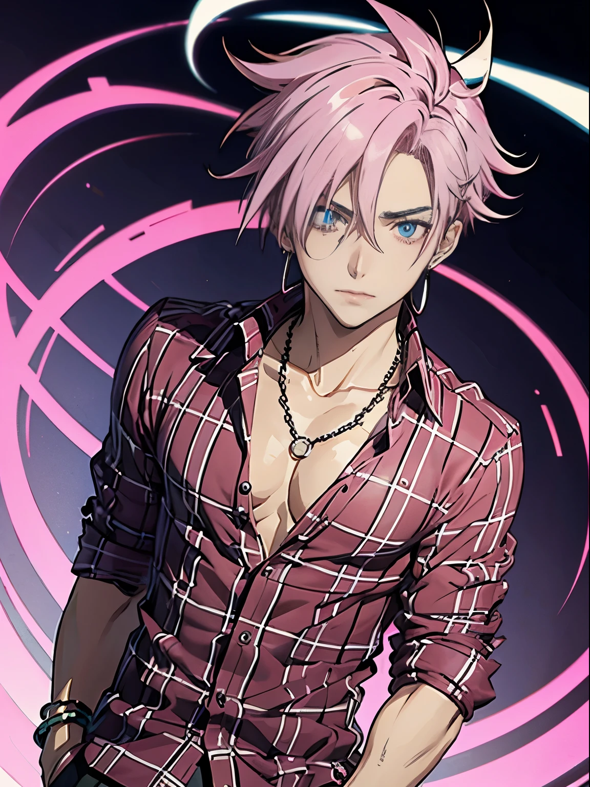 anime sexy guy, bright pink hair, earrings, chains and rings, interesting posture, plaid shirt