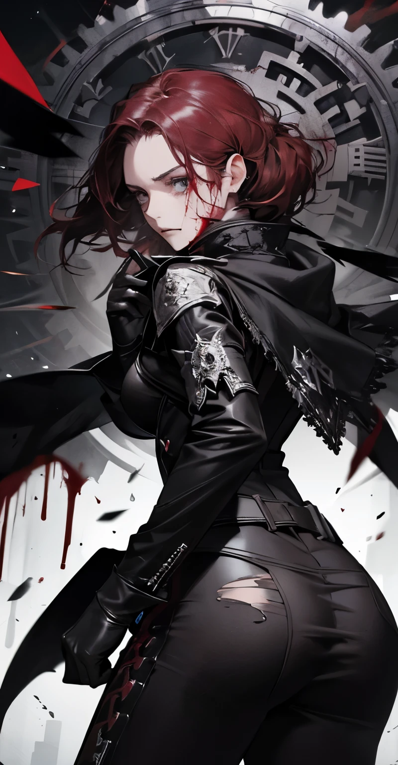 (best quality,4k,highres,masterpiece:1.2),thrilling masterpiece,dark high-contrast style,tattered woman's silhouette,monochromatic drawing,blood-red moonlight,desperate visual impact,open hands stretched towards the sky,angry expression,blood-splattered ground,imminent death,at the end of London,mirrored reflection,chain of the clock tower,blood-stained cape,white gloves,gears,death flower,dorsal view,tightened buttocks,glowing buttocks,skin-tight leather pants