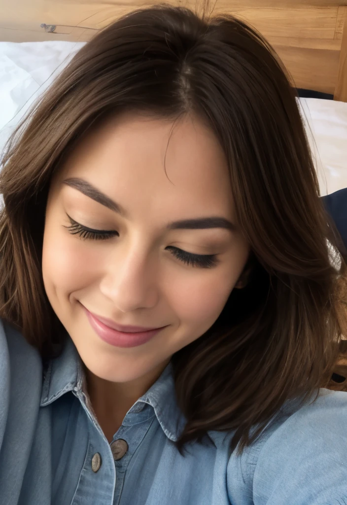 belle brunette, cheveux longs, yeux bleus, au lit, selfi, langue sortie, sourire, One eye closed