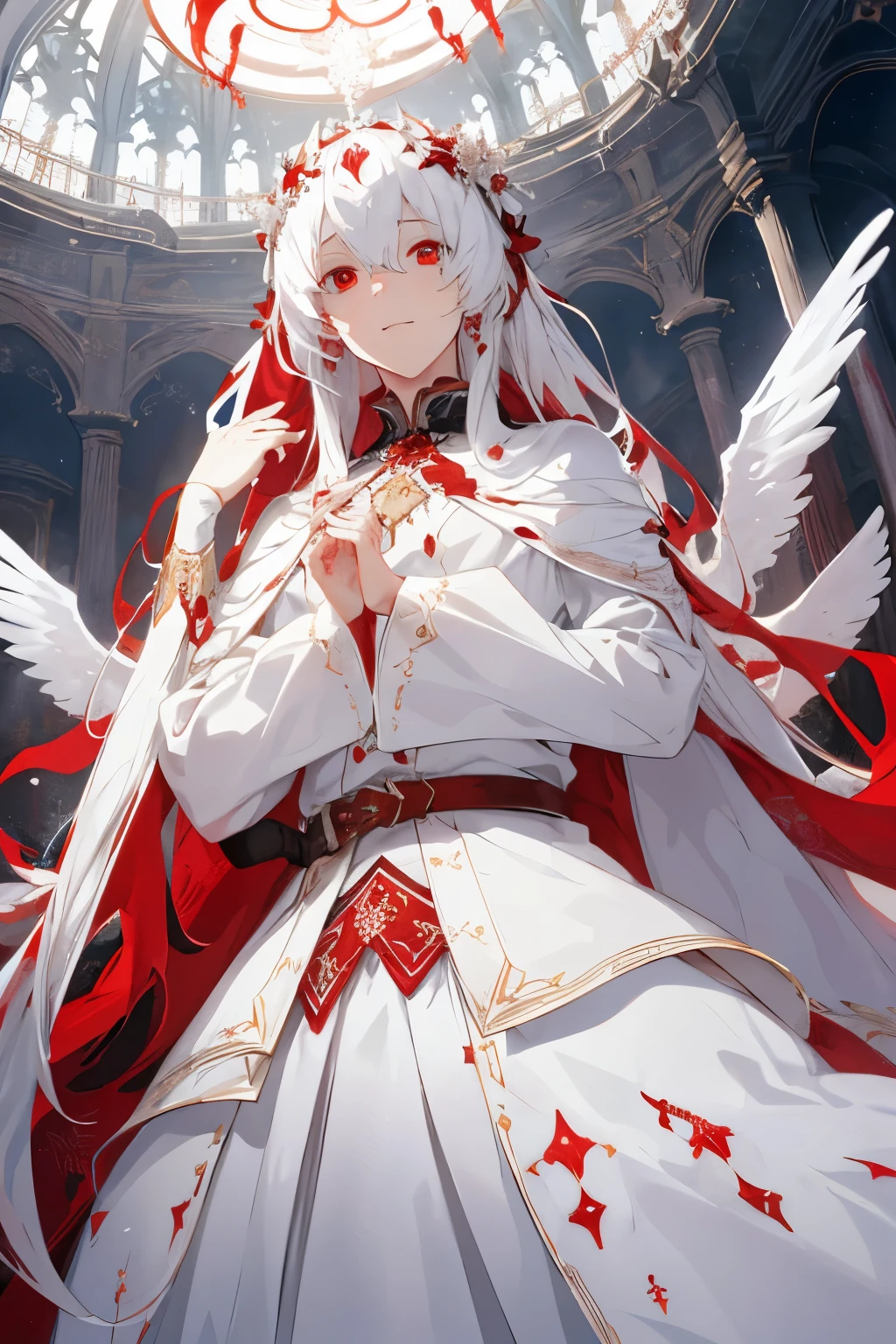 beautiful illustration, Best quality, loveable guy, (convert sequence), transform a magical guy, white magical guy, fractal art, albino, fine face, long pure white and red net hair, Beautiful detailed red eyes, cinematic lighting, cowboy shot, Looking at the viewer, from below, Happy