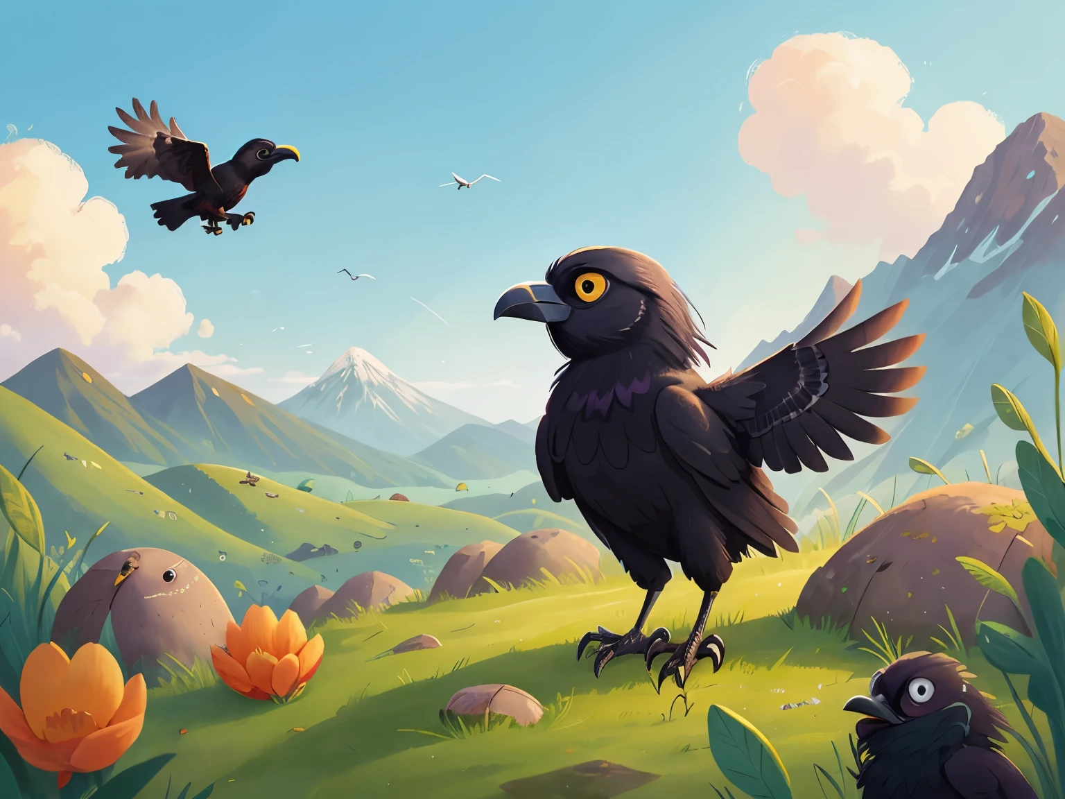 solo,(a crow flying in the sky:1.2), sun, grassland, distant mountains, sky, black crow, cartoon, anxious,close-up,Fable story: Crow drinking water,