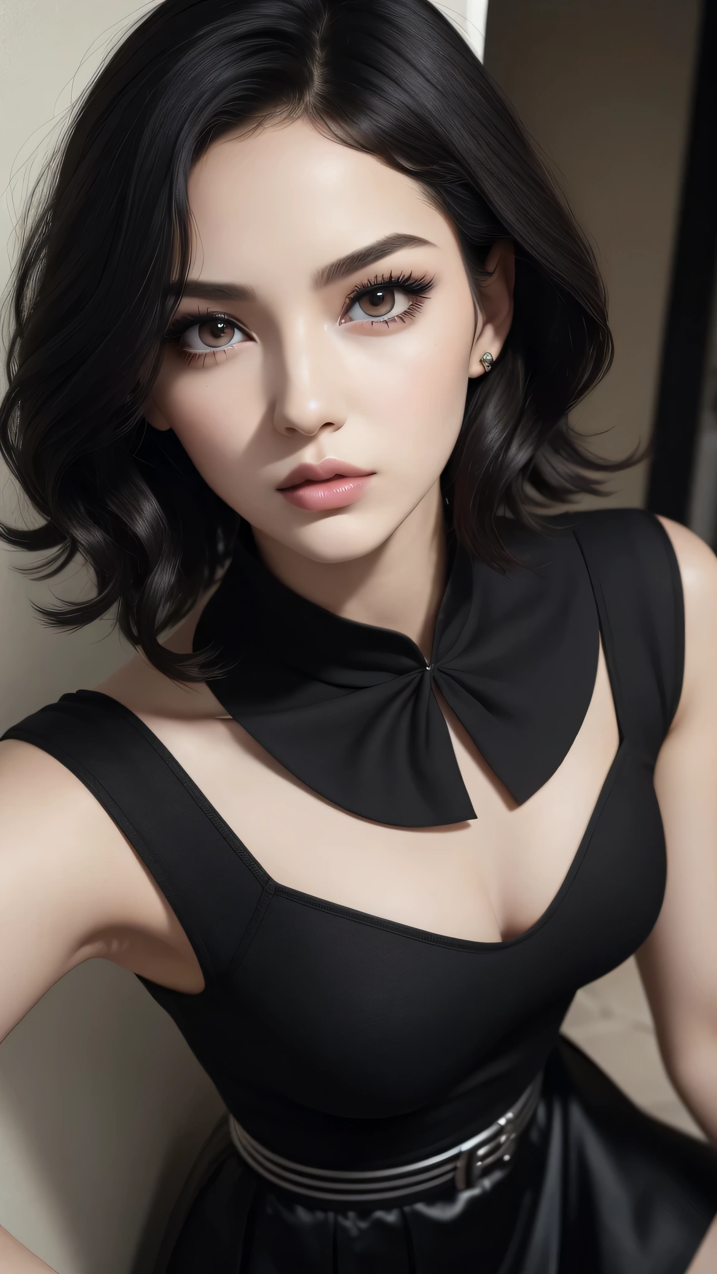 beautiful women, 24 year old, thin and tall, masterpiece, 90s vibe, classic looks, retro anime style, wearing black top, black skirt, best quality, ultra detailed, photo realistic, shiny eyes, detailed face, collarbone, beautiful eyes, black eyes, detailed eyeshadows, black hair, lip gloss, pink lip, makeup, (attractive:1.5), sharp focus, sharp eyes, hunter eyes, eye lashes, full body, (wavy hair:1.2), (short hair:1.3), (beautiful:1.5), gothic vibes