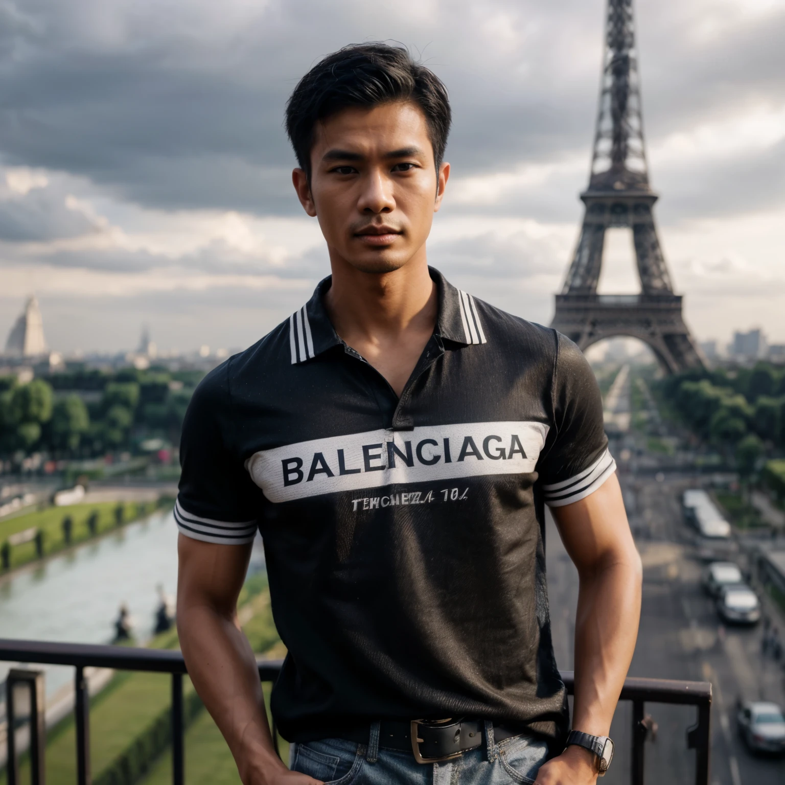 A realistic photo of a handsome Indonesian man, with short neat hair, wearing a Balenciaga shirt, jeans and Nike sneakers, standing in front of the Eiffel Tower in Paris, daytime nuance, ultra HD