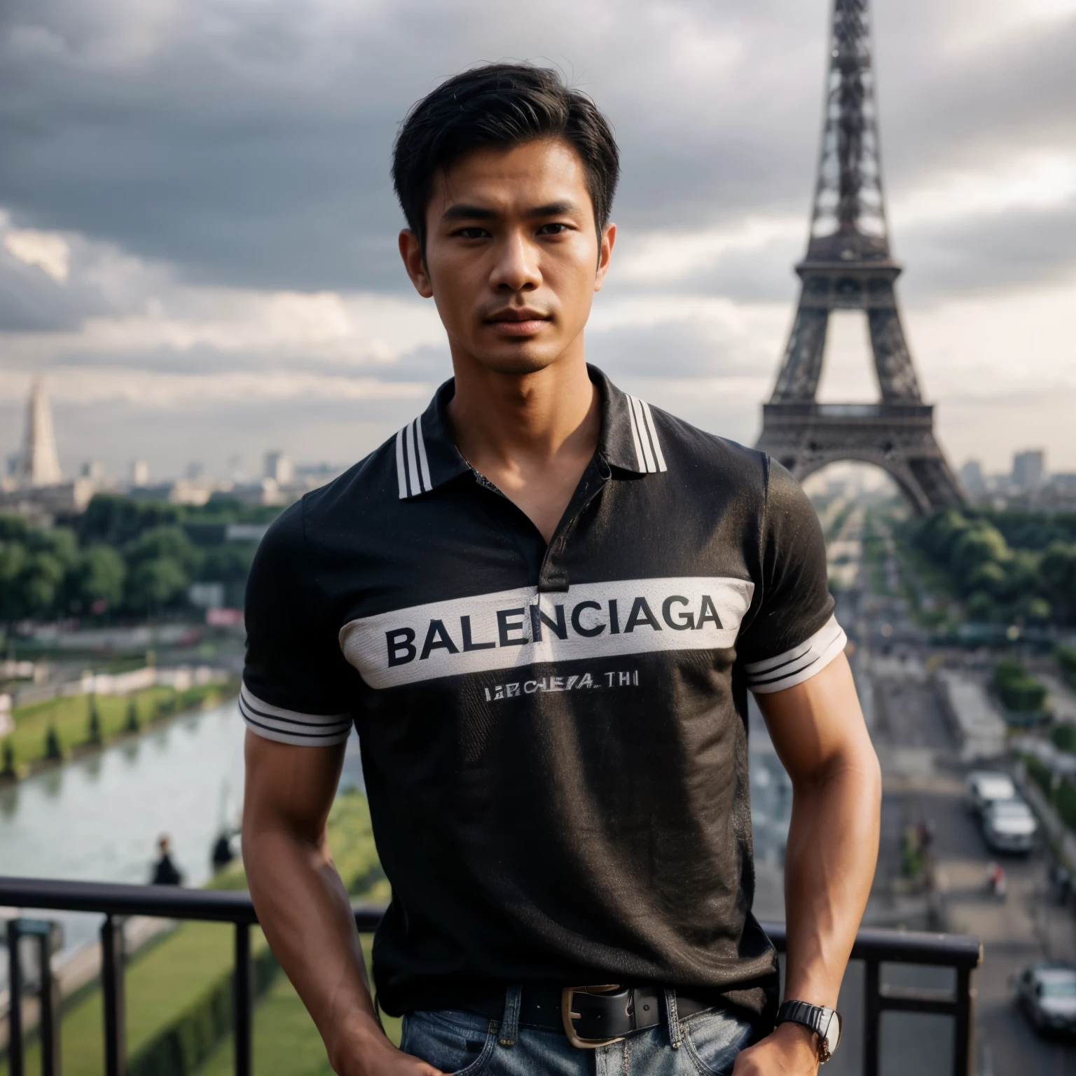 A realistic photo of a handsome Indonesian man, with short neat hair, wearing a Balenciaga shirt, jeans and Nike sneakers, standing in front of the Eiffel Tower in Paris, daytime nuance, ultra HD