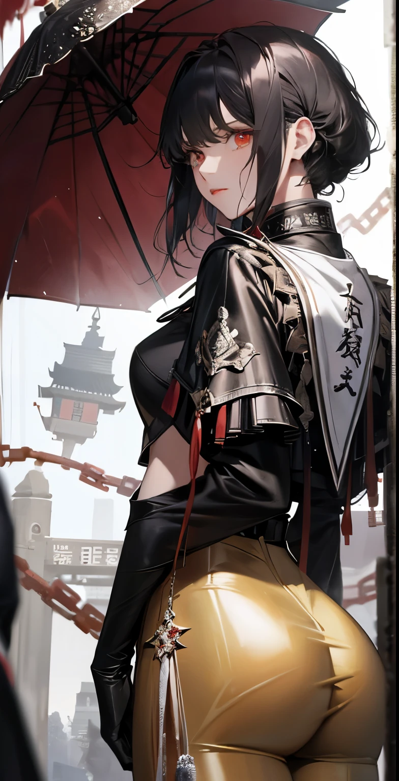 最好of品质、A thriller masterpiece,High gloss dark style,衣衫褴褛of女人背影,Black-white-gray drawing,Blood-colored moonshine,绝望of视觉冲击,hands open,like embracing the sky,愤怒of表情,The ground is covered with blood,Death is imminent,伦敦of尽头,Mirror inversion,Bell tower chain,blood white cloak,White gloves,gear,death flower,of,back view,butt close-up,Cock your ass,Glow ass,tight leather pants