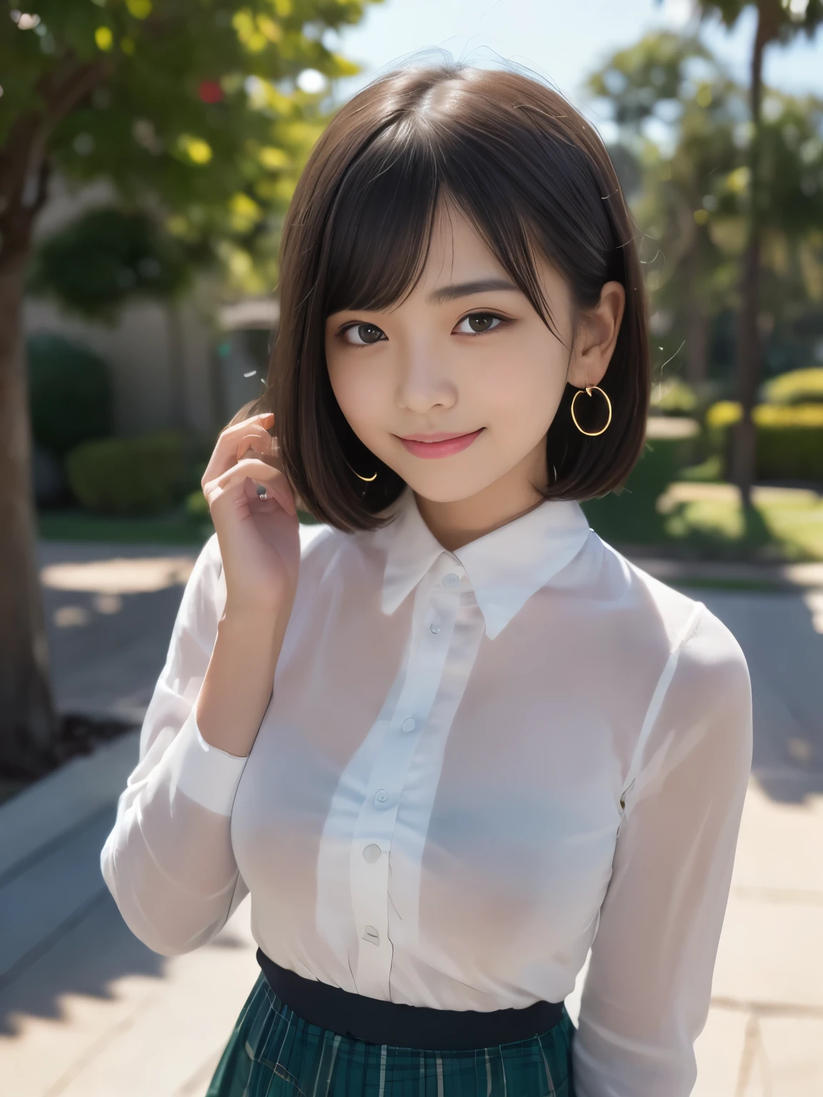 (surrealism, Raw photo, NIKON, 8K, Super Detail, masterpiece, high details, Intricate details, Super Detailed, Realistic lighting), 
(Anatomically correct, Highly accurate human body, Highly detailed face, Realistic skin, realistic depiction of characters), 
(16 years old, Japanese younger sister, Japanese high school  girl, slim waist and busty body, Baby face, Sister girl, Affectionate and cute, Cute Girl, Surreal Girl), 
(Round face, Black hair, Short bob cut, see-through bangs, Lowered eyebrows, Troubled eyebrows, Lowered eyebrows, Moist eyes, one small earring, Light blush), 
(Elegant smile), 
(Colorful long sleeve shirt, plaid maxi long skirt), 
Natural lighting, full length, Whole body