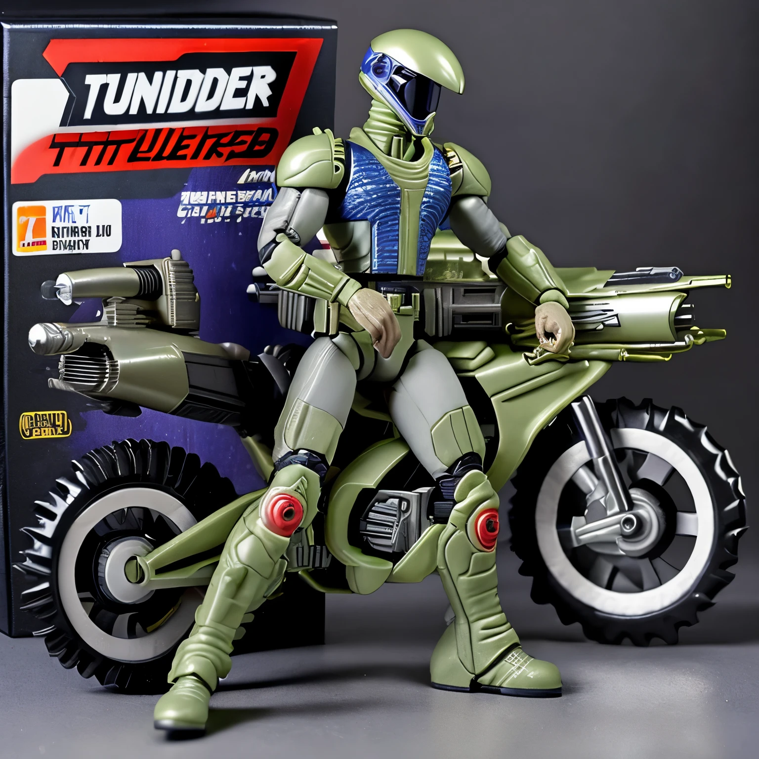 1989 "thunder Gwerner" 2 action figure and high-tech bike packaging from Action figure line based on the Alien movie, Gray-based packaging, Action figure line based on the Alien movie, Outlaw space fighter with big machine gun, 1989,