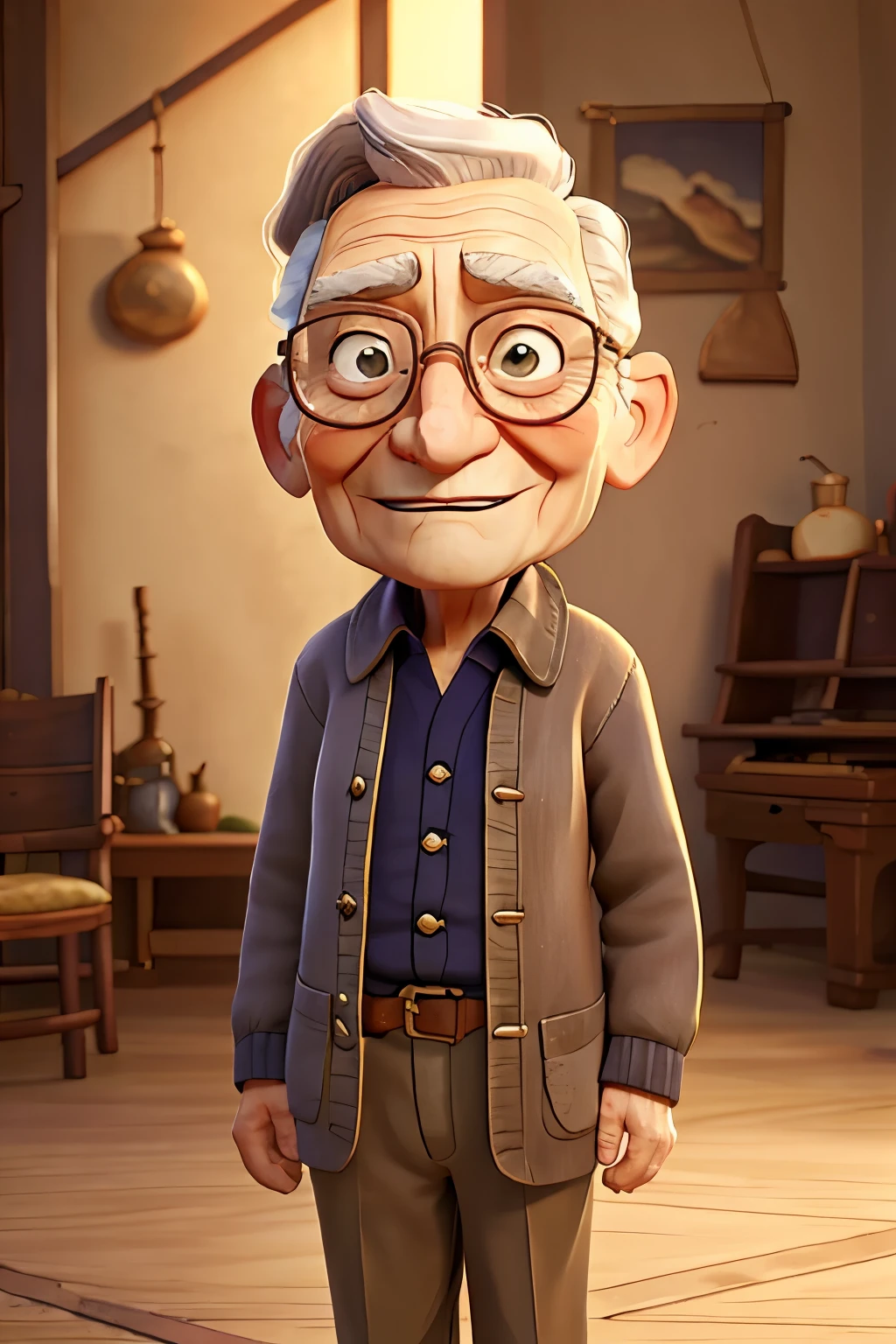 grandpa,panorama,the whole body,wrinkles,detailed eyes,detailed face,gray hair,wise expression,glasses,cane,weathered hands,kind smile,respectful pose,peaceful background,serene atmosphere,subtle textures,subdued colors,natural lighting,shadows and highlights,vibrant brushstrokes,traditional portrait,life-like details,carefully rendered features,emotive portrayal,thoughtful composition,graceful aging,gentle and serene ambiance,deep emotional connection