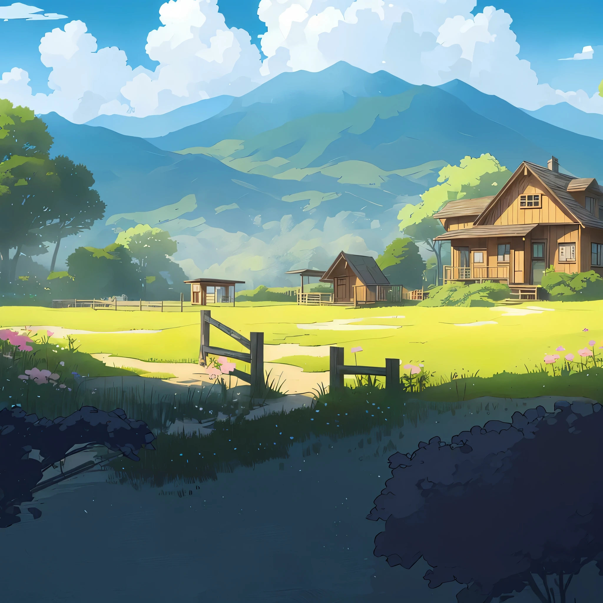 There is a picture of a house in the middle of the field., anime countryside landscape, anime background art, anime scenery concept art, anime scenery, anime scenery, beautiful anime scenery, anime scenery wallpaper, Detailed Landscape - Width 672, background art, Drawn at Anime Painter Studio, Created at Anime Artist Studio, anime background, studio glibly makoto shinkai