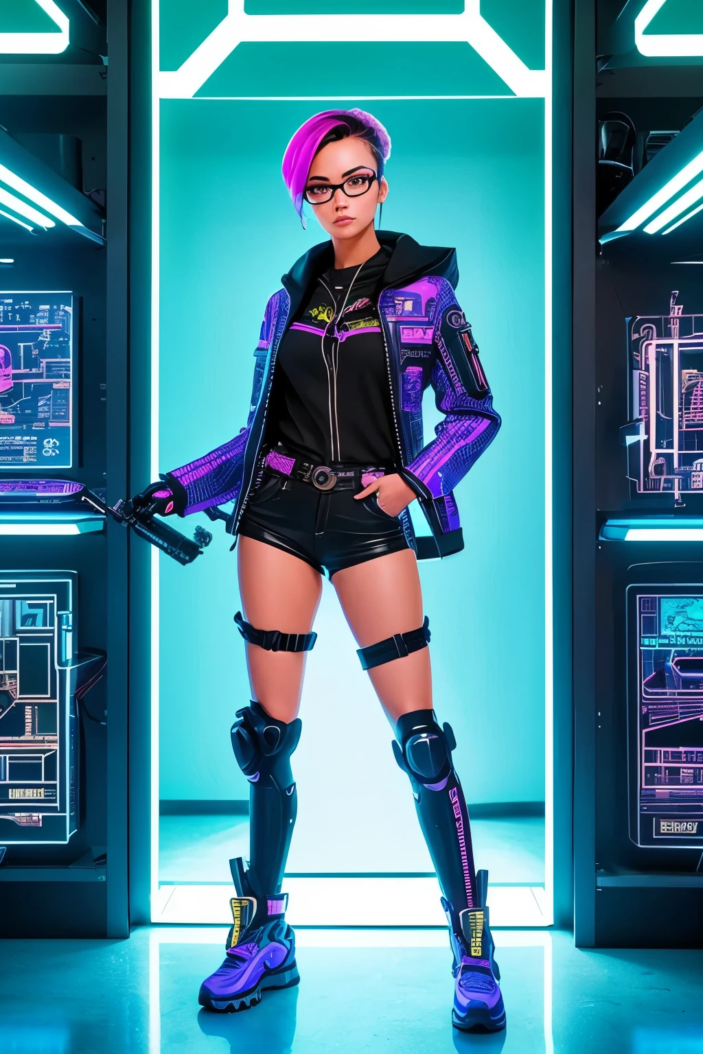 She's confidently displaying her unique and intricately designed cybernetic enhancement, a bold embodiment of the cyberpunk subculture. With her neon-lit studio as a backdrop, the chibi-styled figure, donning oversized glasses and a nerdy lab coat, runs excitedly towards an ambiguous audience with a detailed forest scene reflected in the mirror, revealing a highly detailed and intriguing design.