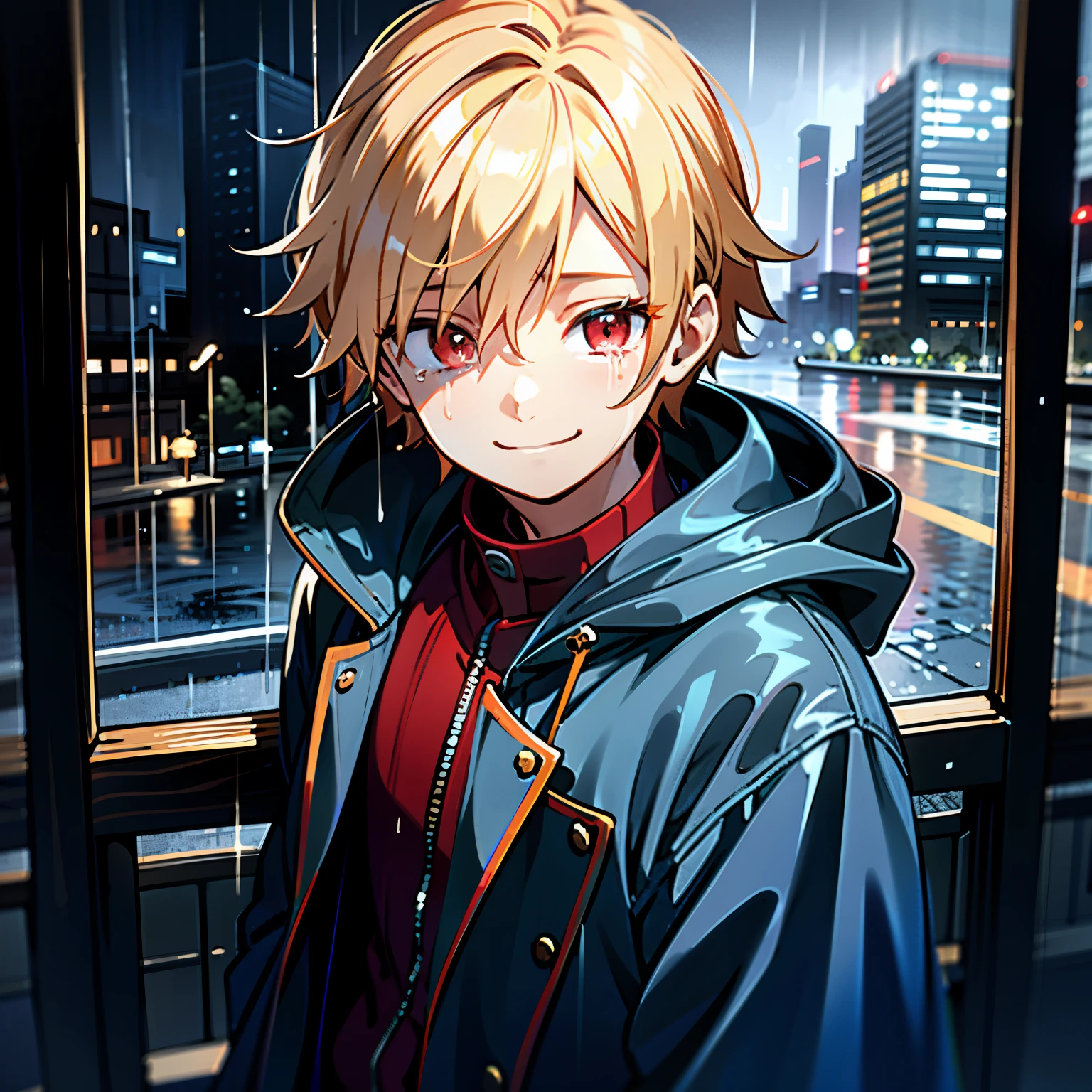 boy, , blonde hair, Red eyes, rain, looking down, smile, tears, blue raincoat, hood, city