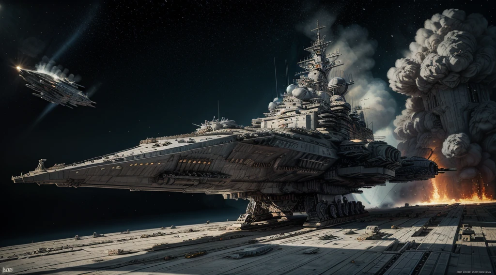 Ultra-realistic 16K CG, masterpiece, Best Composition, Photo quality, work of art, a lot of details, 8K, very detailed, Burning spaceship masterpiece, Best quality:1.2, very high detail, ultra quality, artillery towers on the sides, interceptor hangars, landing modules ,flat two-level cabinet, Flat body, blunt nose, hammer shape, Star Wars style by John Lucas, predatory forms, Earth'atmosphere, gas and dust accumulation visible in space, battleship Tsarevich, battleship Potemkin,