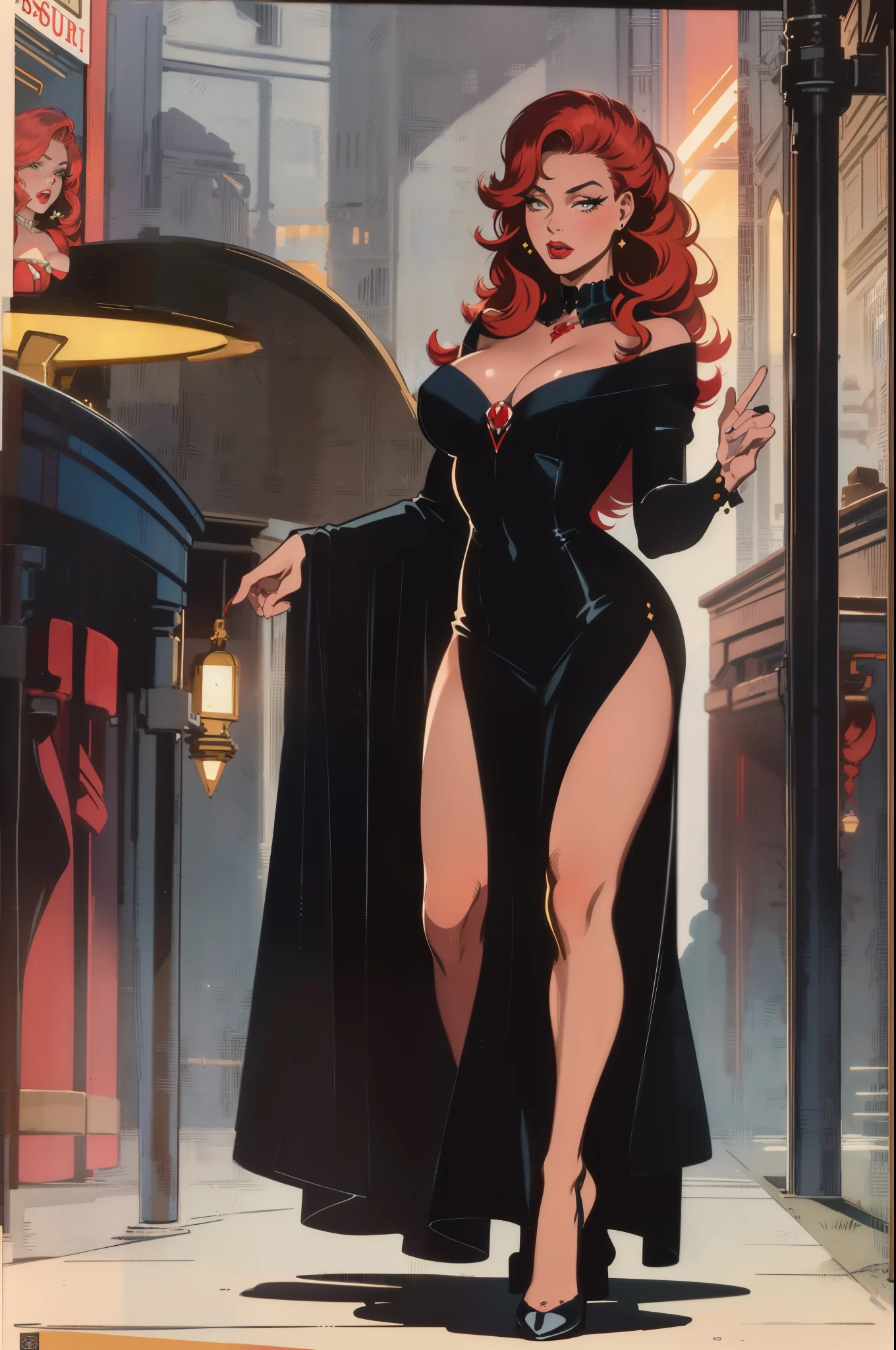 (masterpiece),(best quality),(ultra-detailed),(best illustration),(best shadow),(absurdres),(detailed background), full body shot, women, long red hair, 1950s, Black dress, make up, 1950's Club background, elegant,