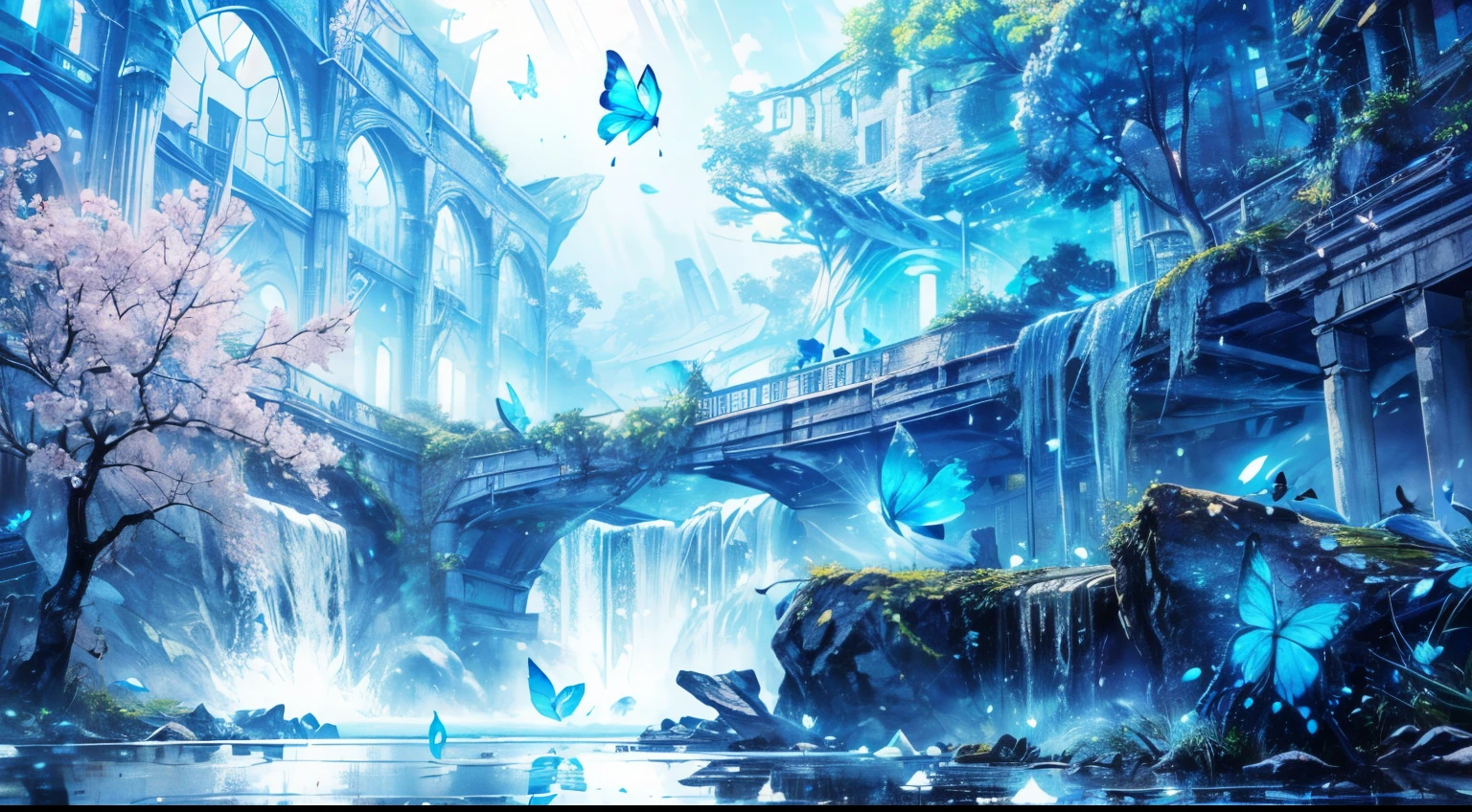 (8K, Photorealistic, Raw photo, (white blossoms、florals),(abyssal),(flowingwater),(a dull blue world tree:1.14),(Ruins),(natta:1.2 ),Dreamy,Seoul,(fluorescent),(Translucent blue butterfly flight:1.15),(yubao:0.5) no humans present only butterflys ,dream world