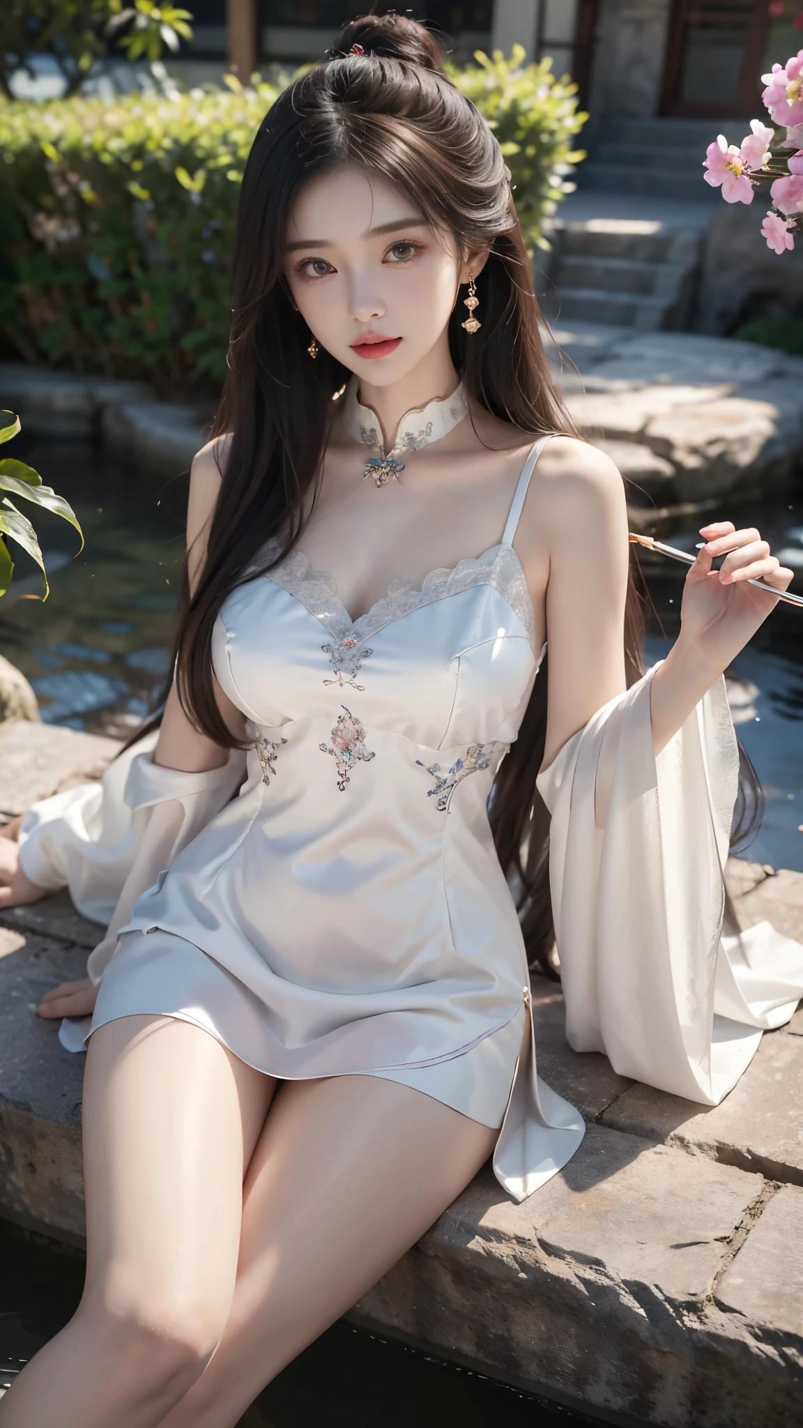 (masterpiece, best quality:1.2), 1 girl, alone, In the depths of Wonderland,The moonlight falls like water,foggy room,The figure of the heroine is vaguely visible,Just like the fairy in the painting,Slender sexy legs,very nice legs,Show sexy legs,big breasts,美丽而又带着一丝mystery的色彩。Her face is beautiful and delicate,Like finely carved jade,Showing otherworldly beauty。The eyebrows are picturesque,The waves in my eyes are like twinkling stars,Show the light of perseverance and wisdom。The bridge of the nose is straight,Lip color like cherry,The slightly raised corners of the mouth reveal confidence and calmness。Her face is well defined,The skin is as fair as jade,Reveals a healthy glow,Just like fairies, She never eats fireworks in this world。Her makeup is light and delicate,Not too much embellishment,But enough to show her temperament and charm。Light-colored foundation brings out the transparency of the skin,A light eyebrow pencil outlines her perfect eyebrow shape,Eye makeup is eye shadow and eyeliner,Make her eyes brighter and more energetic。嘴唇涂上grace的口红,Adds a bit of charm and sophistication。她的衣服grace别致,Clothes fluttering,It seems like it will be blown up by the wind at any time,drifting into the distance。既不失grace,Also showed off her extraordinary skills。Rocking with her movements。Her hair is tied back casually,Secure it with a hosta,A few strands of hair flutter gently in the wind,Adds a bit of softness。Her figure is looming in the fairyland,宛如一道big breasts美丽的风景线,Attracted everyone's concern。She seems to be a fairy in wonderland,big breasts美丽、grace、mystery、and full of power。