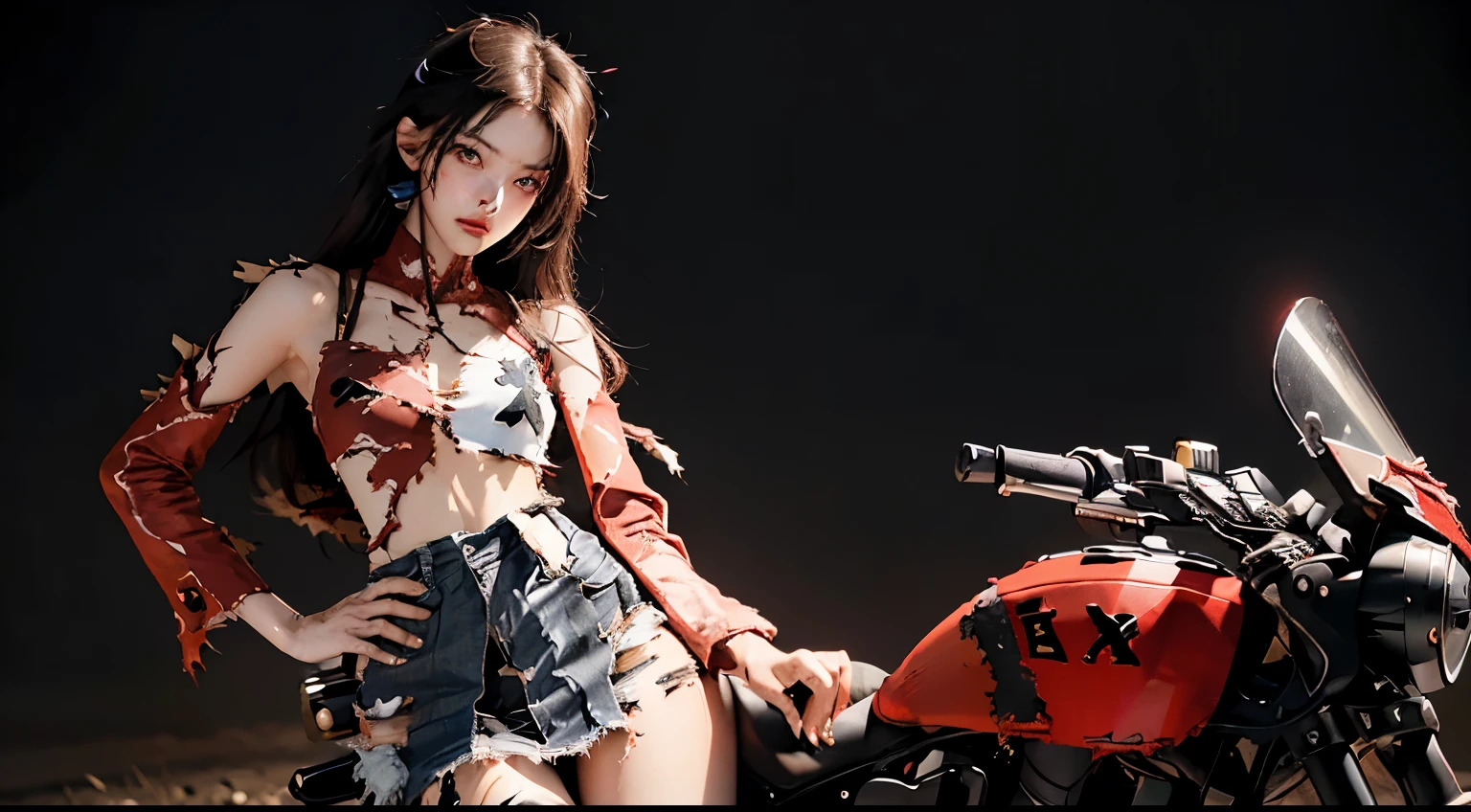 Highest image quality, Excellent details, ultra high resolution, (fidelity: 1.4), best illustrations, Offer details, Highly concentrated 1girl, Has a delicate and beautiful face, Wearing red and black mecha, (torn clothes: 1.5), (skirt), wearing a mech helmet, holding direction controller, riding a motorcycle, The background is a high-tech light scene of a futuristic city.
