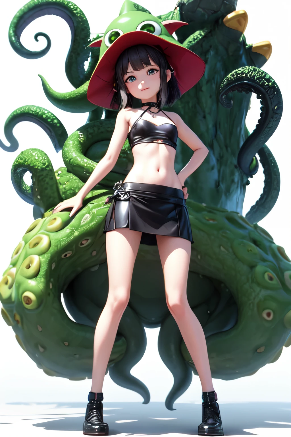 ((最好的质量)), ((杰作)), (详细的), 完美的脸, full body portrait, anime secondary, loli, cunning, 3d modeling, octopus hat, cthulhu, virtual anchor, more accessories, short skirt, cyberpunk, high resolution, white background