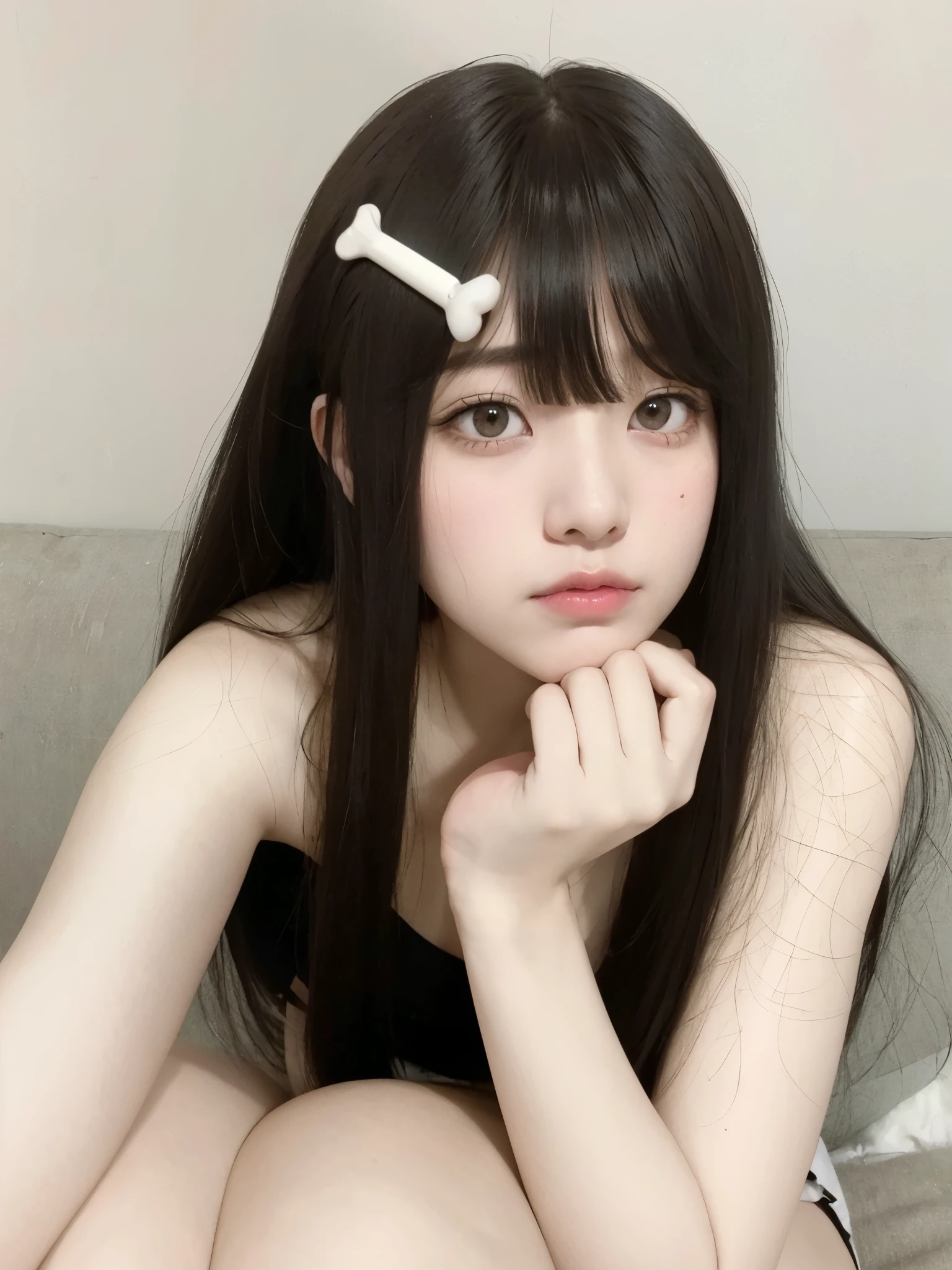 Mujer arafed con pelo largo y un hueso en el pelo., ulzzang, flequillo largo y recto, peinado de corte hime blanco, ella tiene el pelo negro con flequillo, pelo cortado hime negro, pelo largo con flequillo, chica linda-cara-fina, pelo largo y negro con flequillo, shikami, cruel korean gothic girl, pelo largo con flequillo completo