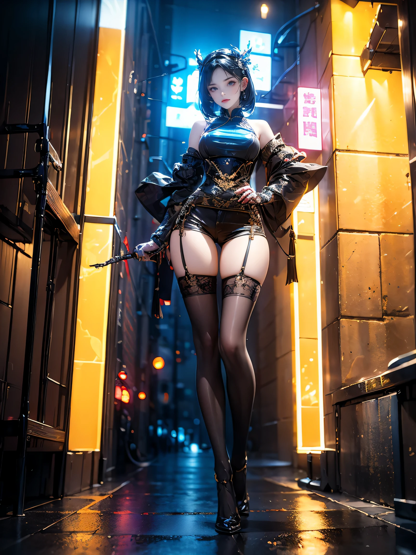 masterpiece,best quality,high resolution, 1 girl,from below,(The legs are very thin and straight),,(The legs are long,straight legs),,High heel,long legs,stand up, Leg length when viewed from the front, Perfect body,Have perfect legs,(External),Full body female love,cyberpunk character,dynamic poses,1 girl,exquisite eyes,brown eyes,eye shadow,cosmetic,long white hair, Detailed faces,1 stop,Year of the Dragon Poster,Chinese New Year elements,Realistic picture quality,8k,超realism, meticulous的眼睛, looking at the audience, blush\(cosmetic\), full pouty lips, red lips,(long white hair:1.3), (stand up)Mechanically static,Mechanical summoning,(hair accessories:1.1),hat,((((Real-world scenarios。meticulous,The details are very exquisite,shorts)))),(black stockings,Stocking garters),City,Luminescent windings,Holding a long sword in his hand,arms,Cyberpunk lights:1.1),neon lights,Fully mechanical and futuristic elements,technology,背景是一条中国传统的street,china city, street, sky sky, cyberpunk character, paper lanterns, neon lights超分辨率,(realism:1.3),1(Slim:1.2),dramatic lighting,Vibrant details,Luxury Cyberpunk,complex background,Rendered by Octane,