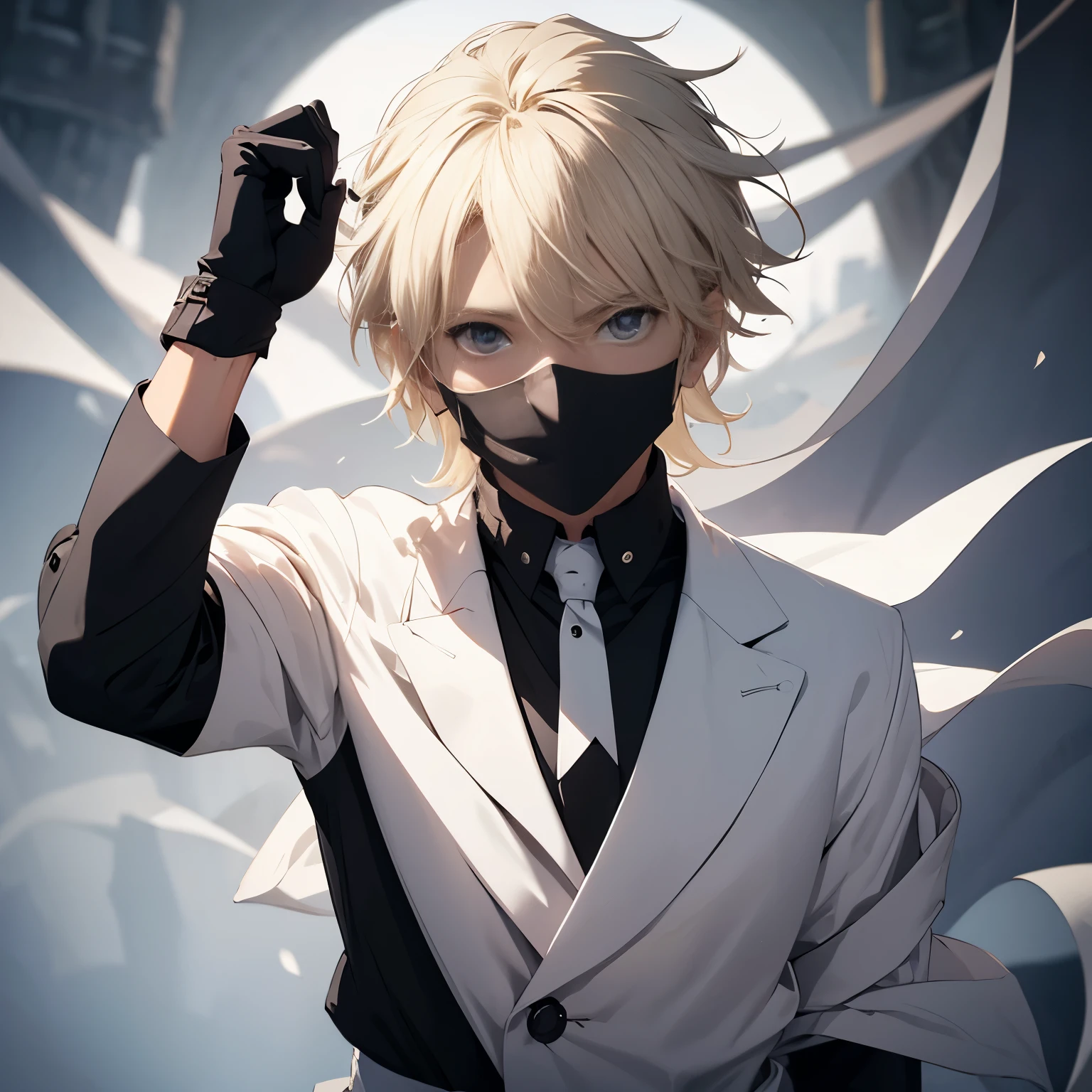 solo male, white robes, grey eyes, black pants, black gloves, (Face full mask), blonde hair, mask face, fantasy