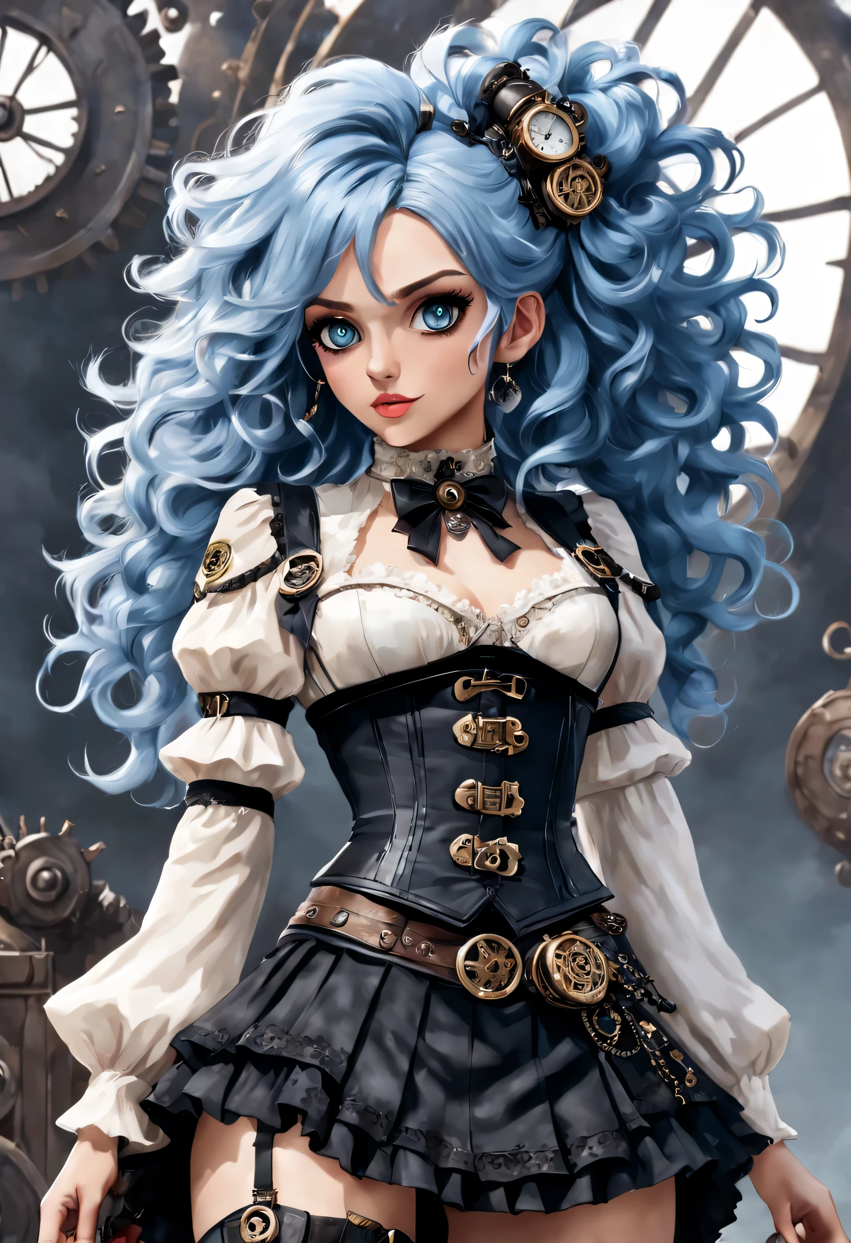 Highly detailed female character named Skye. She is 25 years old, from uk, has long blue hair, wearing a steampunk costume. Her costume is a cream-colored blouse.、Consists of a layered skirt with black lace and ribbons。, Corset-like blouse design, black belt that emphasizes the waist, Steampunk features such as gears and metal decorations. Her hair is curly and her makeup emphasizes her eyes., Blending Victorian influences with modern elements. Half of the body is fused with AI, And on the left is a robot. In this scene, As a rock singer, Sky embodies the essence of a rock star., Shouting cheerfully into the microphone on a live stage. full body image.