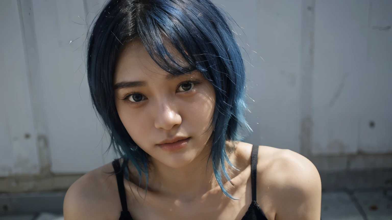 Asian blue hair girl with thin and fine face 