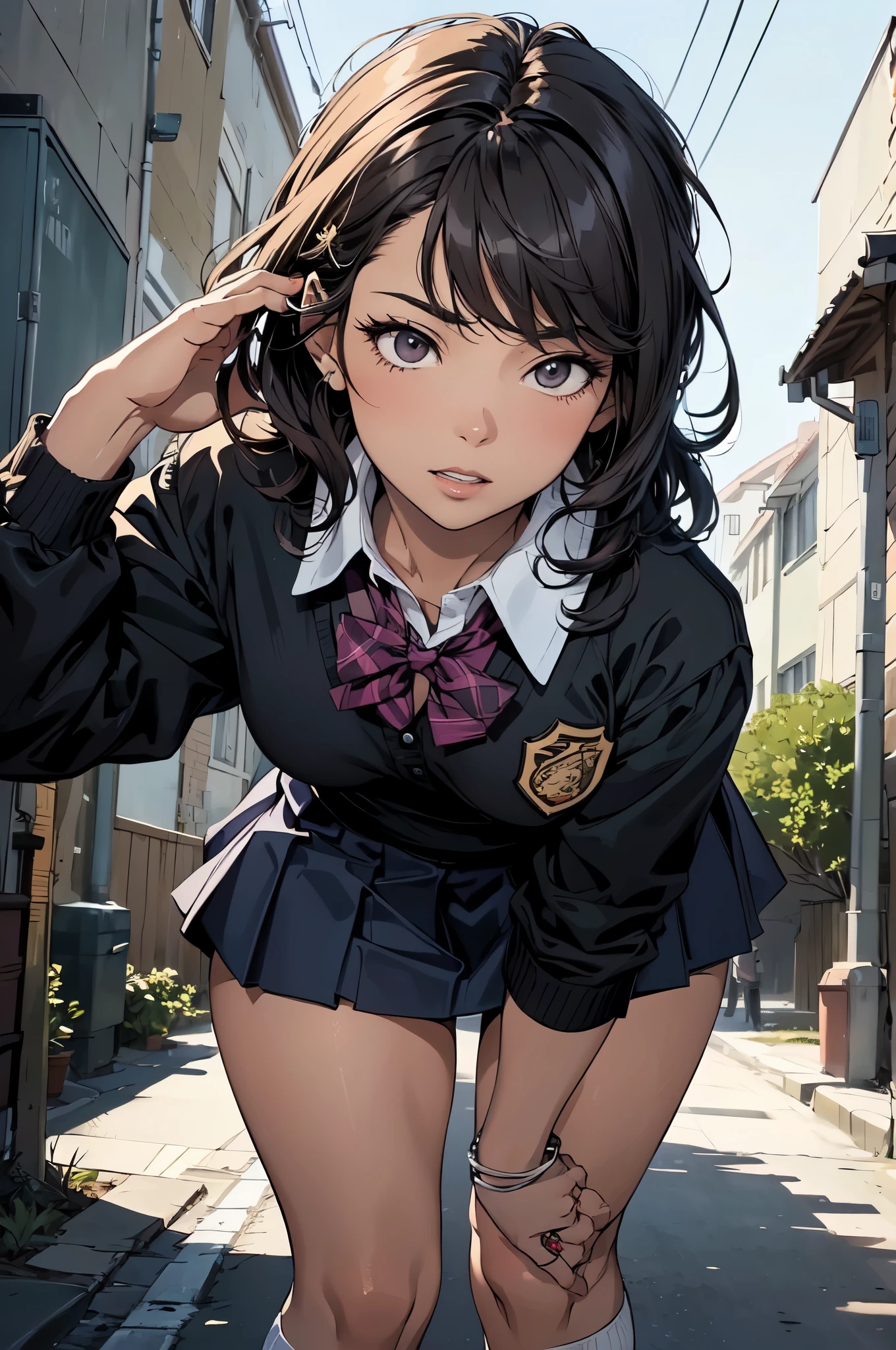 (masterpiece, highest quality), (high resolution, details),
anime, line-art:1.5, flat shading,

Solo: 1.2, female,(detailed face:1.2),(detailed hair:1.2),
(School uniform: 1.5), Baggy socks,
(Unruly hair, voluminous hair),
(Beautiful thighs: 1.0),
