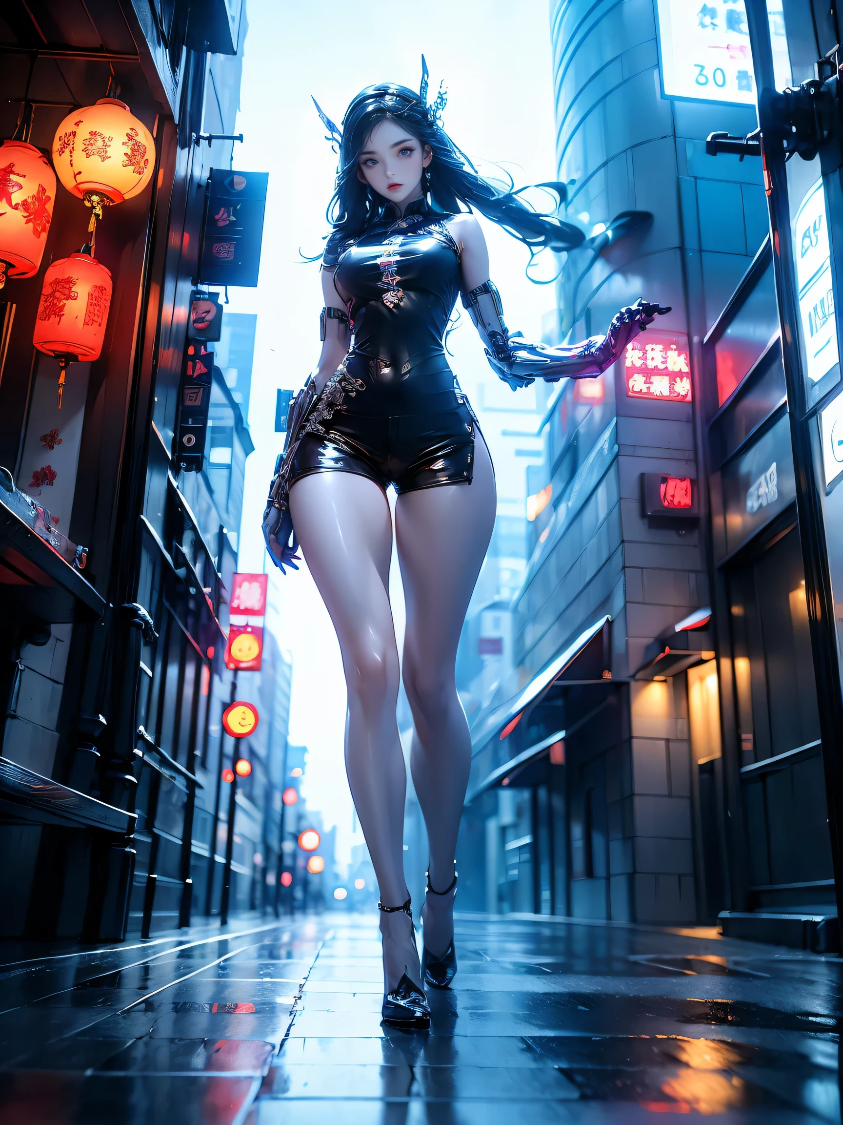 masterpiece,best quality,high resolution, 1 girl,from below,(The legs are very thin and straight),,(The legs are long,straight legs),,High heel,long legs,stand up, Leg length when viewed from the front, Perfect body,Have perfect legs,(External),Full body female love,cyberpunk character,dynamic poses,1 girl,exquisite eyes,brown eyes,eye shadow,cosmetic,long white hair, Detailed faces,1 stop,Year of the Dragon Poster,Chinese New Year elements,Realistic picture quality,8k,超realism, meticulous的眼睛, looking at the audience, blush\(cosmetic\), full pouty lips, red lips,(long white hair:1.3), (stand up)Mechanically static,Mechanical summoning,(hair accessories:1.1),hat,((((Real-world scenarios。meticulous,The details are very exquisite,shorts)))),City,Luminescent windings,Holding a long sword in his hand,arms,Cyberpunk lights:1.1),neon lights,Fully mechanical and futuristic elements,technology,背景是一条中国传统的street,china city, street, sky sky, cyberpunk character, paper lanterns, neon lights超分辨率,(realism:1.3),1(Slim:1.2),dramatic lighting,Vibrant details,Luxury Cyberpunk,complex background,Rendered by Octane