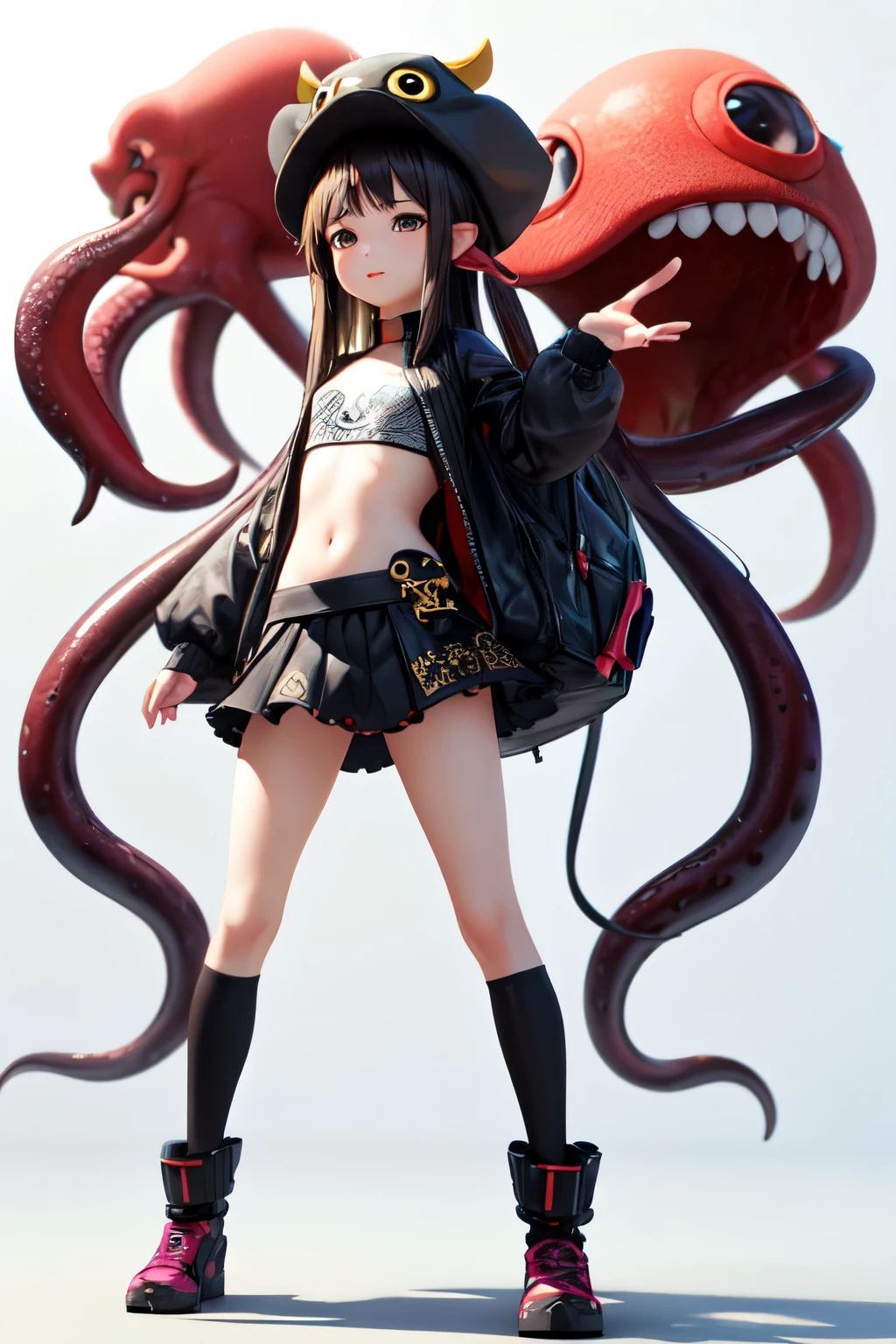 ((最好的质量)), ((杰作)), (详细的), 完美的脸, full body portrait, anime secondary, , cunning, 3d modeling, octopus hat, cthulhu, virtual anchor, more accessories, short skirt, cyberpunk, high resolution, white background