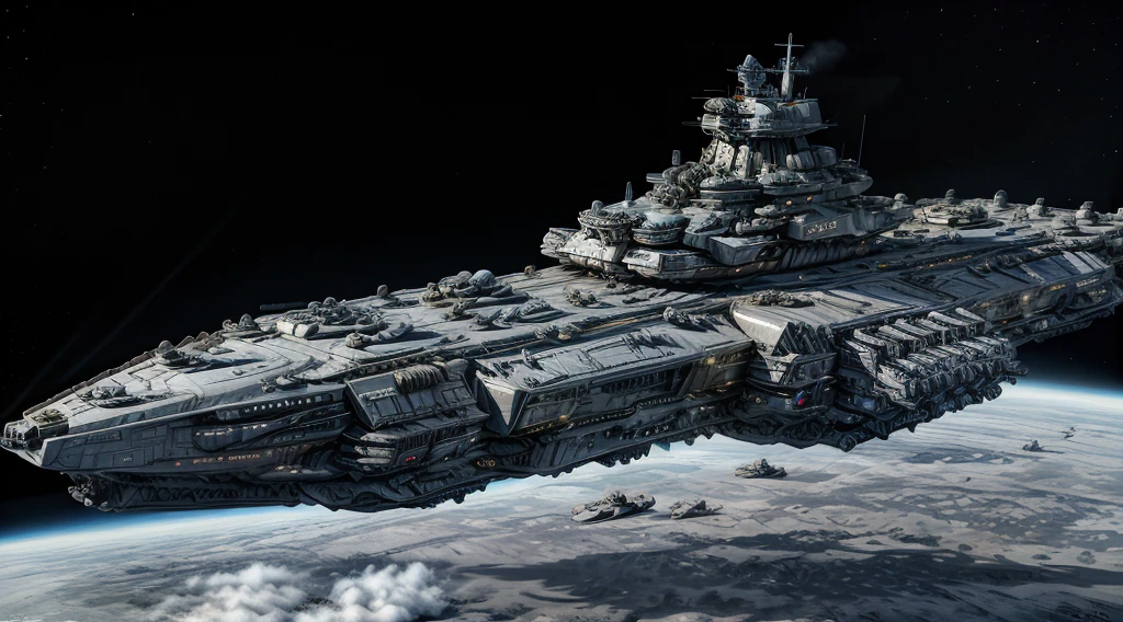 Ultra-realistic 16K CG, masterpiece, Best Composition, Photo quality, work of art, a lot of details, 8K, very detailed, Burning spaceship masterpiece, Best quality:1.2, very high detail, ultra quality, artillery towers on the sides, interceptor hangars, landing modules ,flat two-level cabinet, Flat body, Star Wars style by John Lucas, predatory forms, Earth&#39;atmosphere, gas and dust accumulation visible in space, battleship Tsarevich, battleship Potemkin,