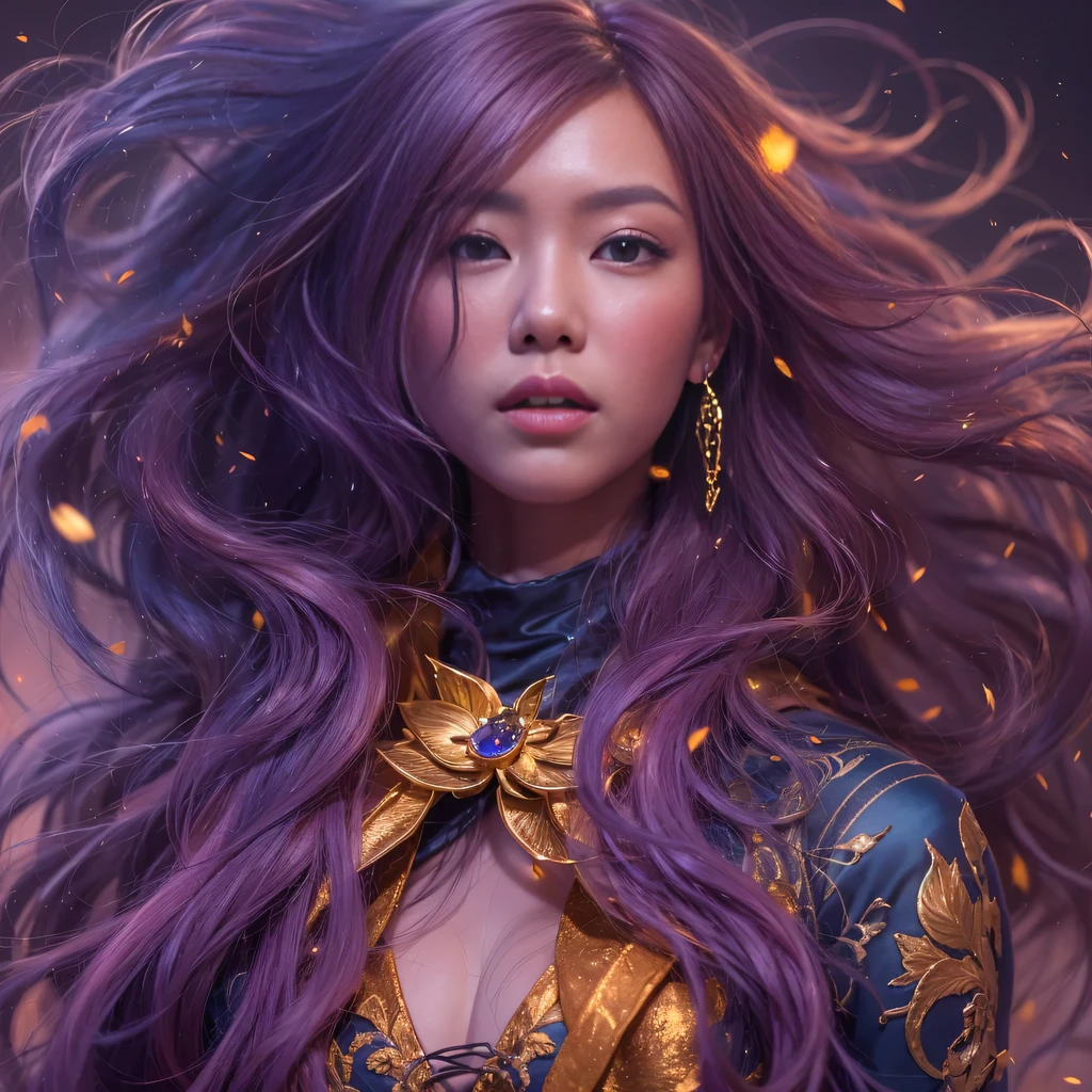 32k(masterpiece,HD,超HD,32k)Bright purple flowing hair,autumn pond,we disagree, a color, Asian (Michiko), (silk scarf), fighting stance, looking at the ground, Orange gradient long hair, Floating bright purple, Fire cloud gold headdress, Chinese long-sleeved gold silk garment, (Abstract ink splash:1.2),mars background,lotus(realistically:1.4),Bright purple hair,Smoke on the road,The background is very pure, high resolution, detail, original photo, Sharp Re, Nikon D850 film photo by Jefferies Lee 4 Kodak Portra 400 camera F1.6 guns, rich and colorful, Super real、Vivid textures, dramatic lighting, Unreal Engine Art Station Trend, Silicon Nest 800,Bright purple flowing hair