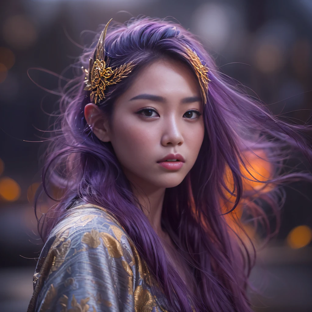 32k(masterpiece,HD,超HD,32k)Bright purple flowing hair,autumn pond,we disagree, a color, Asian (Michiko), (silk scarf), fighting stance, looking at the ground, Orange gradient long hair, Floating bright purple, Fire cloud gold headdress, Chinese long-sleeved gold silk garment, (Abstract ink splash:1.2),mars background,lotus(realistically:1.4),Bright purple hair,Smoke on the road,The background is very pure, high resolution, detail, original photo, Sharp Re, Nikon D850 film photo by Jefferies Lee 4 Kodak Portra 400 camera F1.6 guns, rich and colorful, Super real、Vivid textures, dramatic lighting, Unreal Engine Art Station Trend, Silicon Nest 800,Bright purple flowing hair