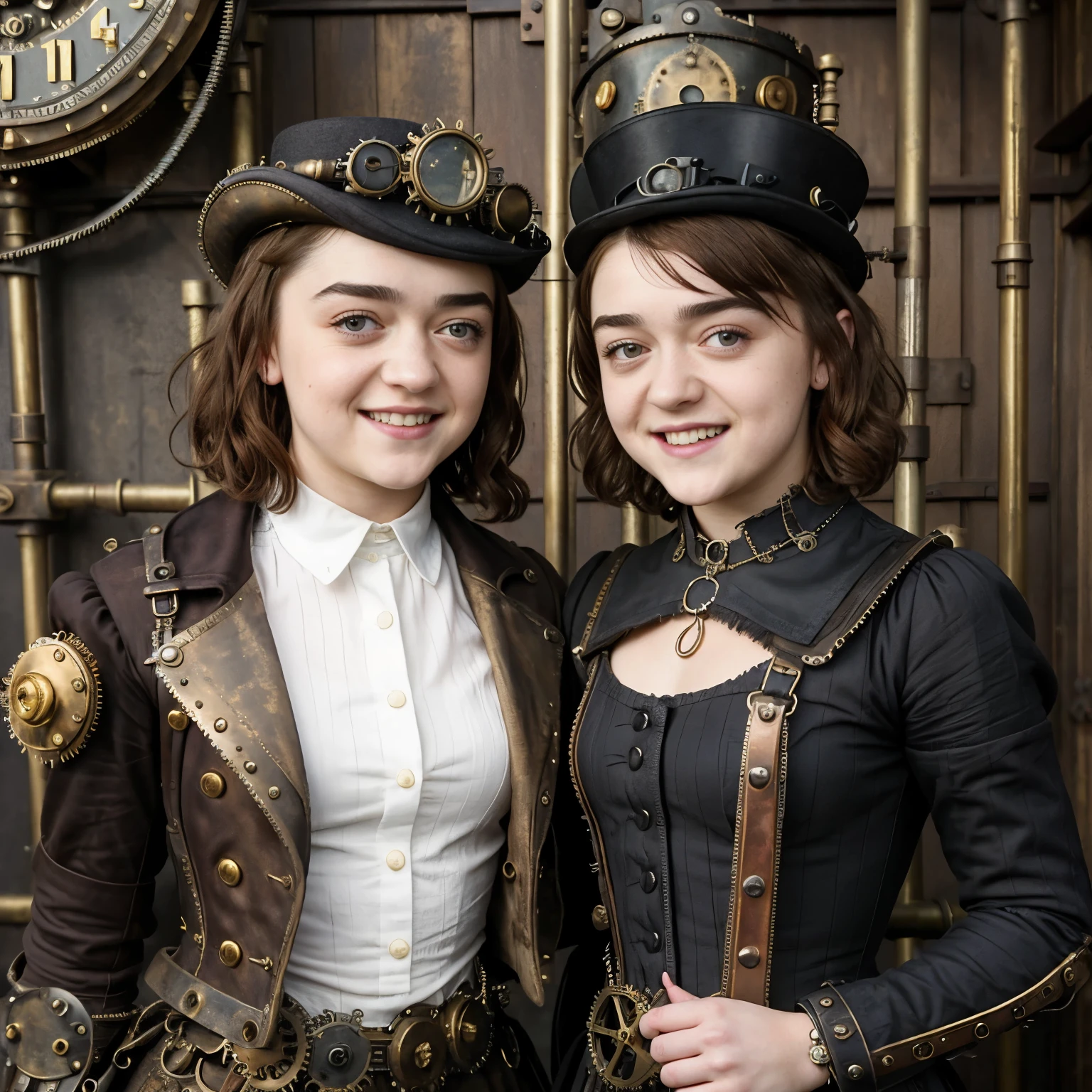 ((best quality)), ((masterpiece)), ((Photo-realistic)), (detailed), ((Maisie Williams with a cute smile)), ((2 pretty Steampunk girls)), whole body, steampunk top hats, perfect teeth,