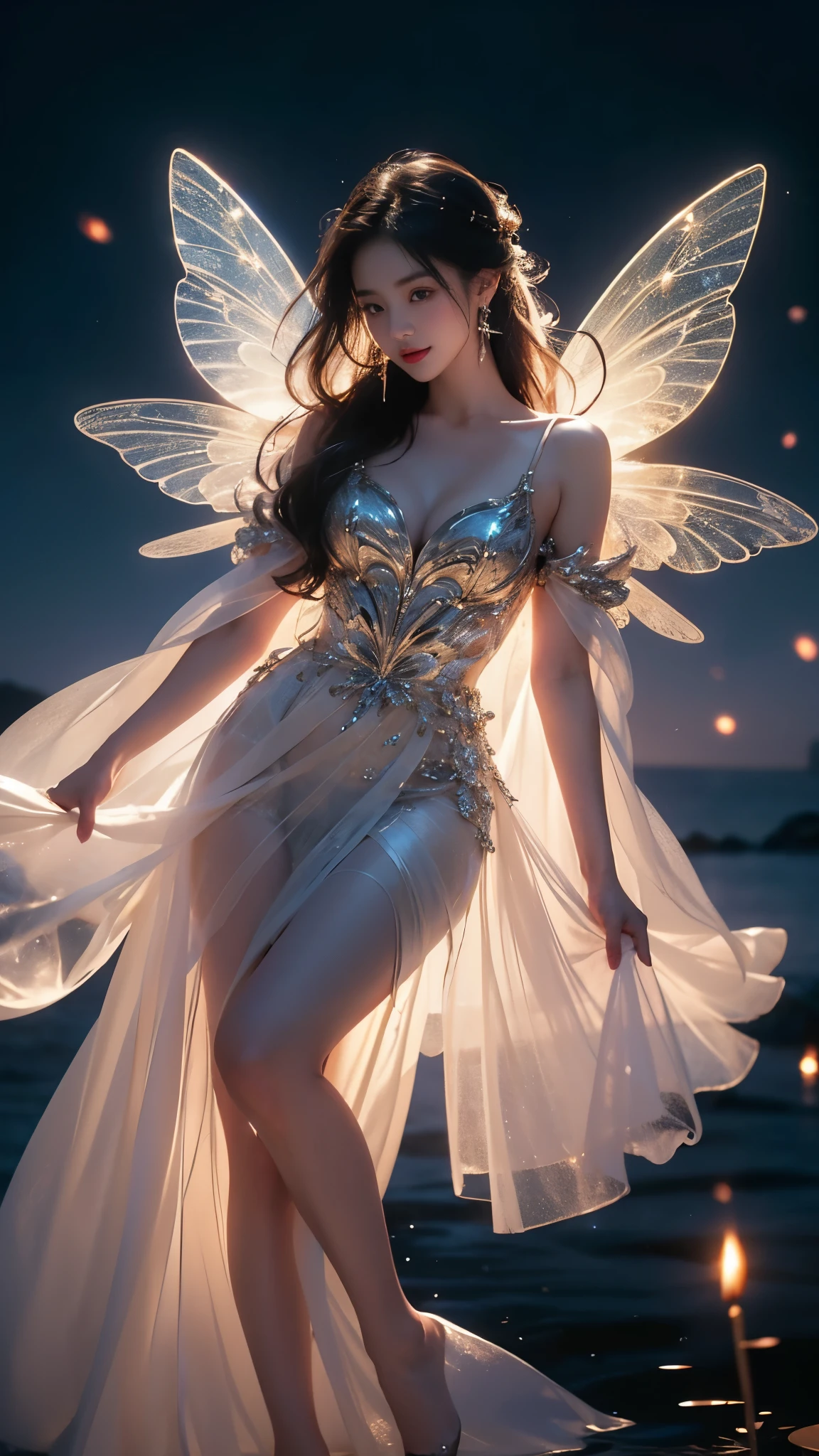 glowing, (masterpiece, best quality:1.2), 1 girl, alone, In the depths of Wonderland,The moonlight falls like water,foggy room,The figure of the heroine is vaguely visible,Just like the fairy in the painting,Slender sexy legs,very nice legs,Show sexy legs,big breasts,美丽而又带着一丝mystery的色彩。Her face is beautiful and delicate,Like finely carved jade,Showing otherworldly beauty。The eyebrows are picturesque,The waves in my eyes are like twinkling stars,Show the light of perseverance and wisdom。The bridge of the nose is straight,Lip color like cherry,The slightly raised corners of the mouth reveal confidence and calmness。Her face is well defined,The skin is as fair as jade,Reveals a healthy glow,Just like fairies, She never eats fireworks in this world。Her makeup is light and delicate,Not too much embellishment,But enough to show her temperament and charm。Light-colored foundation brings out the transparency of the skin,A light eyebrow pencil outlines her perfect eyebrow shape,Eye makeup is eye shadow and eyeliner,Make her eyes brighter and more energetic。嘴唇涂上grace的口红,Adds a bit of charm and sophistication。她的衣服grace别致,Clothes fluttering,It seems like it will be blown up by the wind at any time,drifting into the distance。既不失grace,Also showed off her extraordinary skills。Rocking with her movements。Her hair is tied back casually,Secure it with a hosta,A few strands of hair flutter gently in the wind,Adds a bit of softness。Her figure is looming in the fairyland,宛如一道big breasts美丽的风景线,Attracted everyone's concern。She seems to be a fairy in wonderland,big breasts美丽、grace、mystery、and full of power。