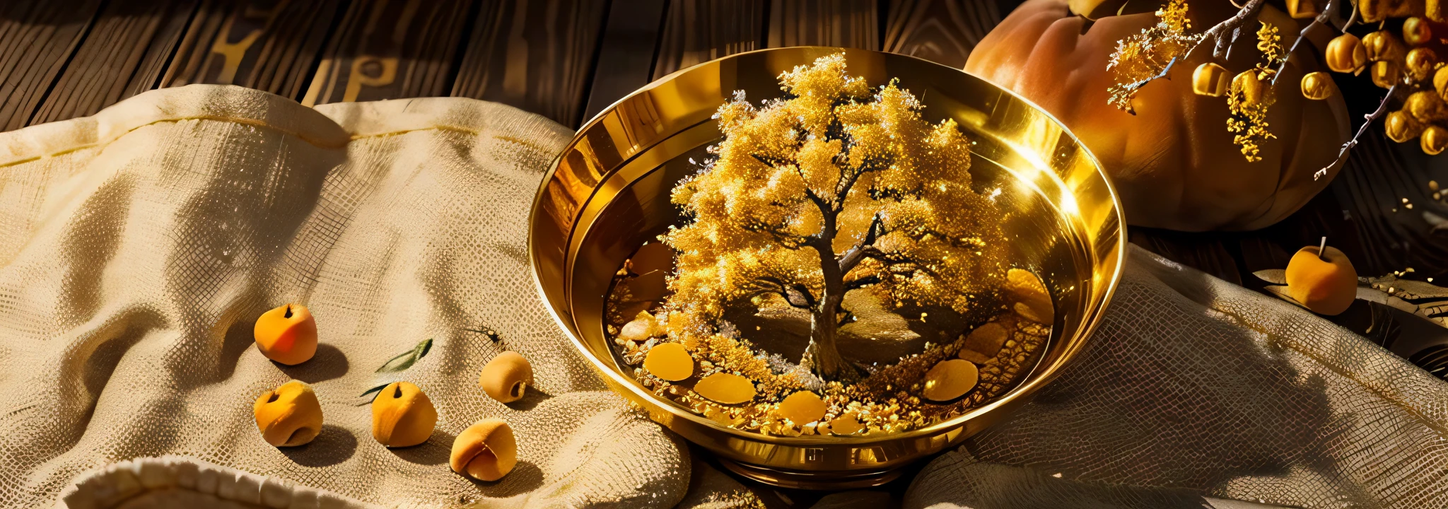 (Golden apricot tree), fortune, Eastern culture, Lunar New Year. Sparkling, (scattered gold coins placed in a dragon-carved pot:0.5)