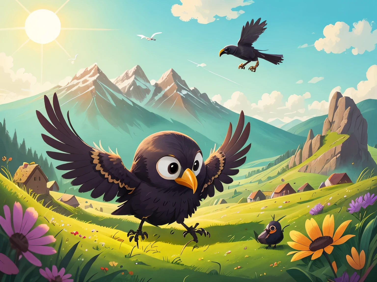 from above,alone,(a crow flying in the Sky:1.2), sun, grassland, distant mountains, Sky, Black Crow, cartoon, Anxious,close up,Fables: The crow drinks water,