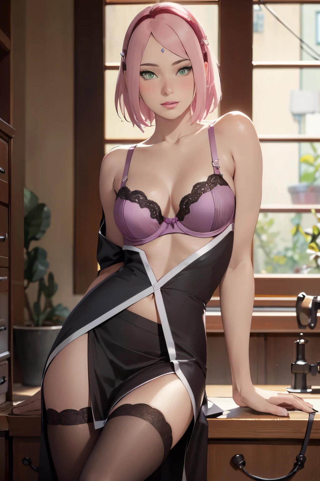 masterpiece, absurdres, sakura\(boruto\), 1girl, solo,mature female, detailed purple bra lenjerie, detailed purple thong lenjerie, using detailed sexy black skirt, open skirt, open clothes, sexy skirt), perfect composition, detailed lips, breast, beautiful face, body propotion, blush, (pink lips), short hair,  green eyes,  soft gaze,  super realistic, detailed, photoshoot, realistic face and body, thighhighs, full body, erotic pose, provocative pose, waiting sex pose