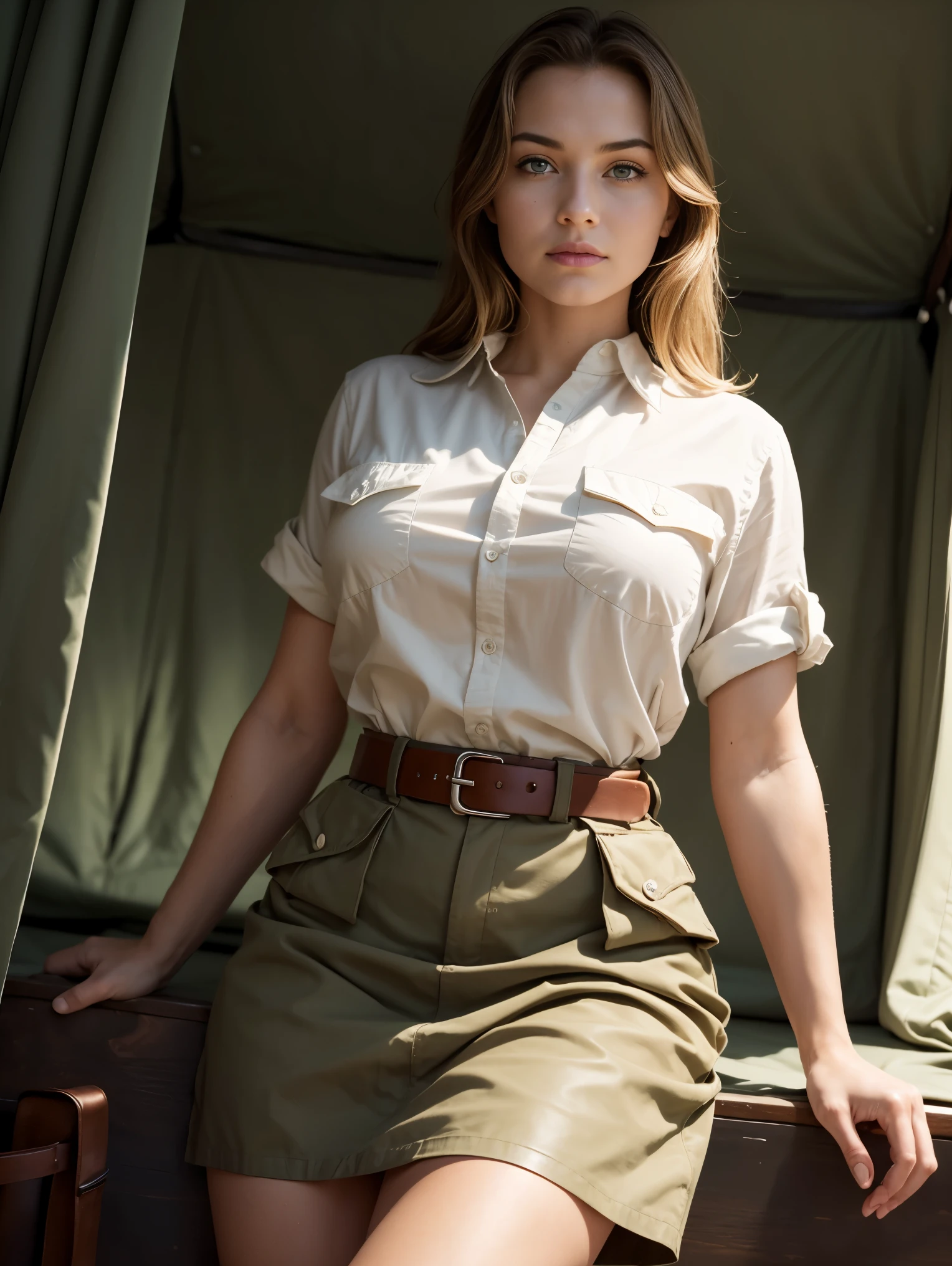 Wide angle. Masterpiece, Uhd, An adventuress from the '40s.cotton sand-colored shirt,  Khaki cotton army long skirt,  leather belt, army boots. She’s on the field, in an army tent. Perfect anatomy, perfect hair, perfect breast, perfect body, perfect hands, perfect face, perfect eyes, accurate, anatomically correct, perfect clear and crisp focus, UHD, masterpiece, 