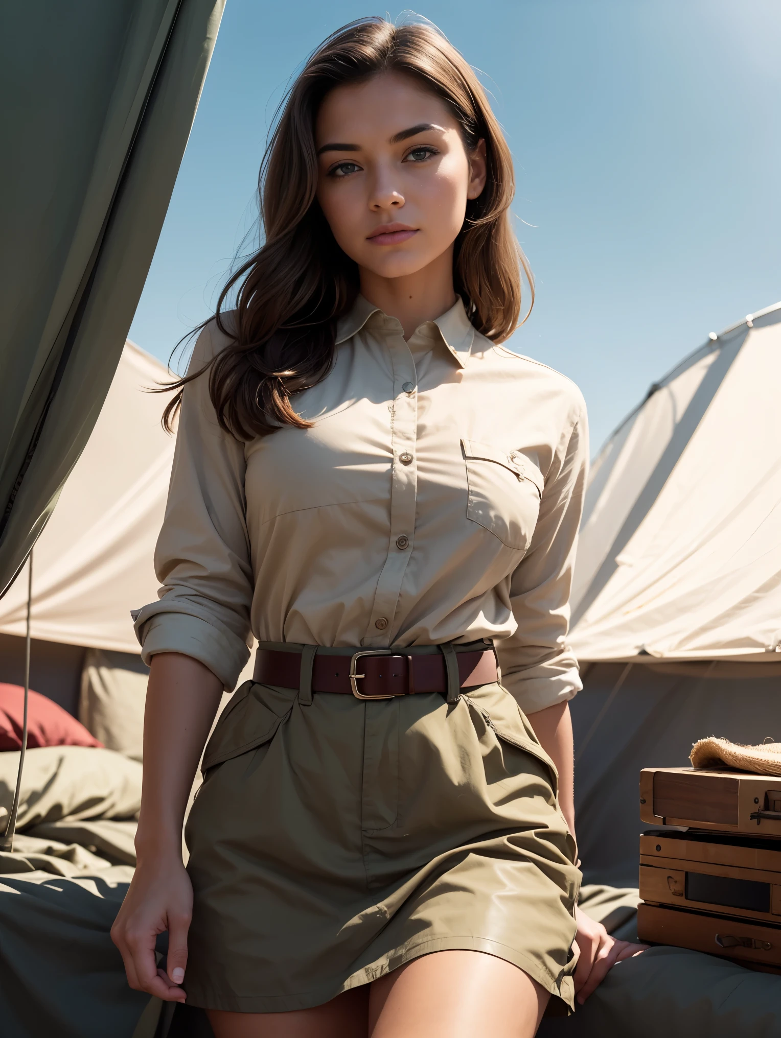 Wide angle. Masterpiece, Uhd, An adventuress from the '40s.cotton sand-colored shirt, Khaki cotton army long skirt, leather belt, army boots. She’s on the field, in an army tent. Perfect anatomy, perfect hair, perfect breast, perfect body, perfect hands, perfect face, perfect eyes, accurate, anatomically correct, perfect clear and crisp focus, UHD, masterpiece,